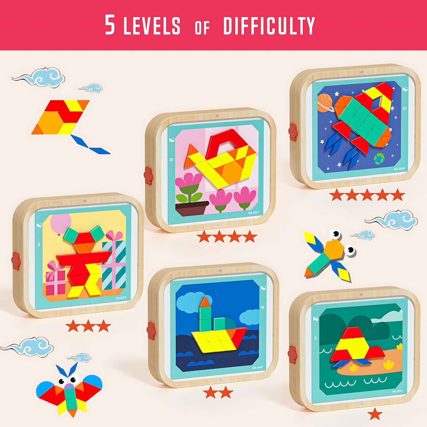 Migargle 288-Piece Wooden Magnetic Pattern Blocks Set – Montessori Tangram Puzzles, Pattern Cards & Storage Bag