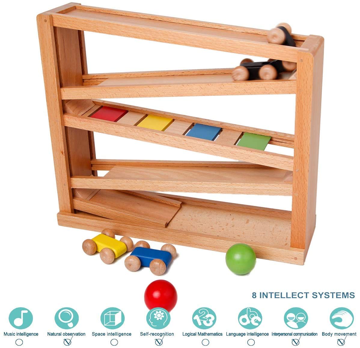 Migargle Wooden Ramp Racer – Toddler Race Track with 3 Wood Cars & 2 Balls | Gifts for Ages 1–3