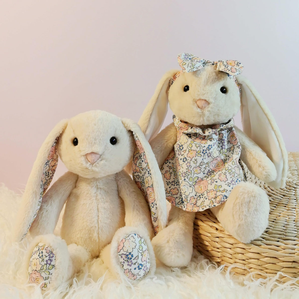 Mikee Fluffie Easter Bunny Stuffed Animal – Flower Fabric Clothes, Safe, Machine-Washable Plush Rabbit, 9-Inch Gift for Kids