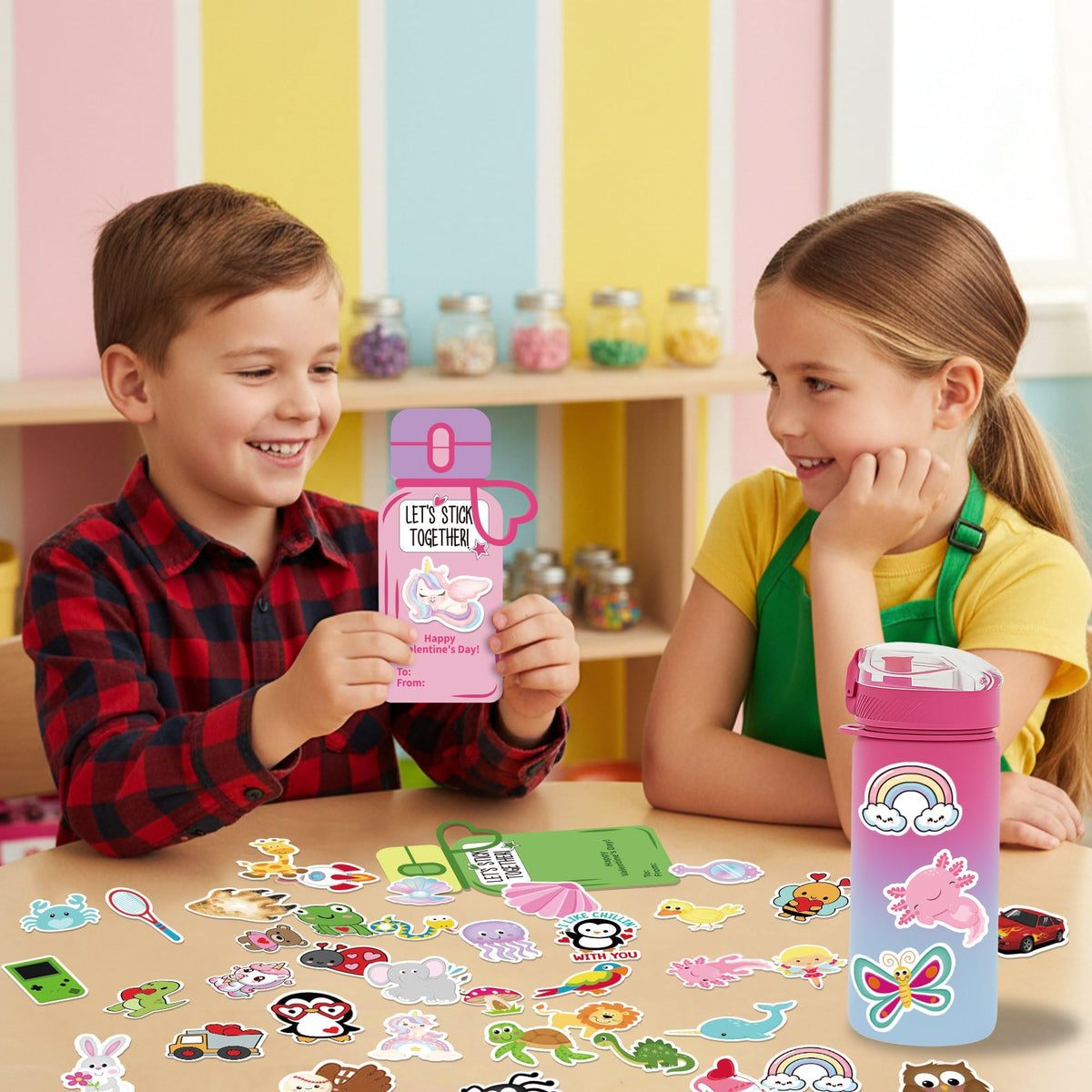 Milianquill Valentines Water Bottle Cards Kit – 48 Cards & 240 Stickers