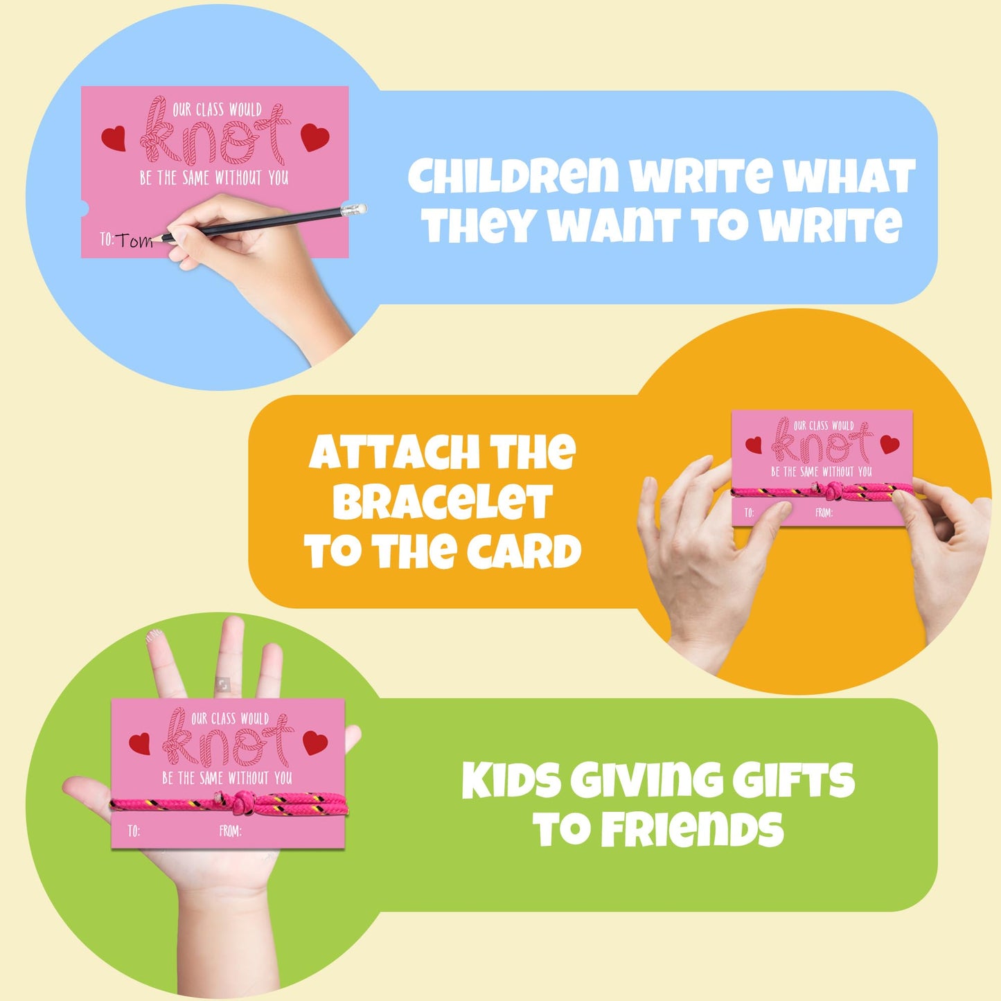 Milianquill Valentines: 30-Pack Knot Bracelets & Cards for Classroom from Teacher to Student