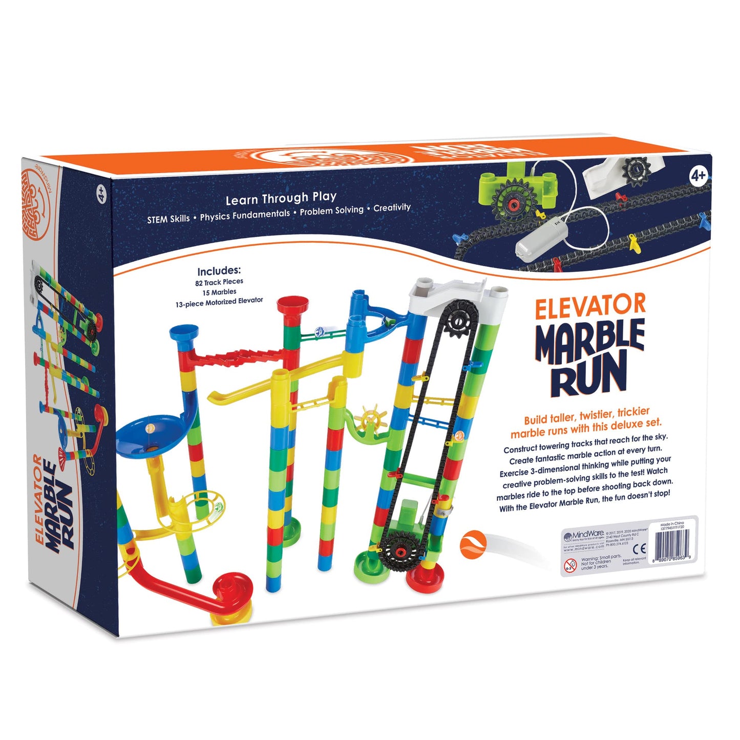 MindWare Marble Run 110-Piece Set with 82 Track Pieces, 15 Marbles & Motorized Elevator