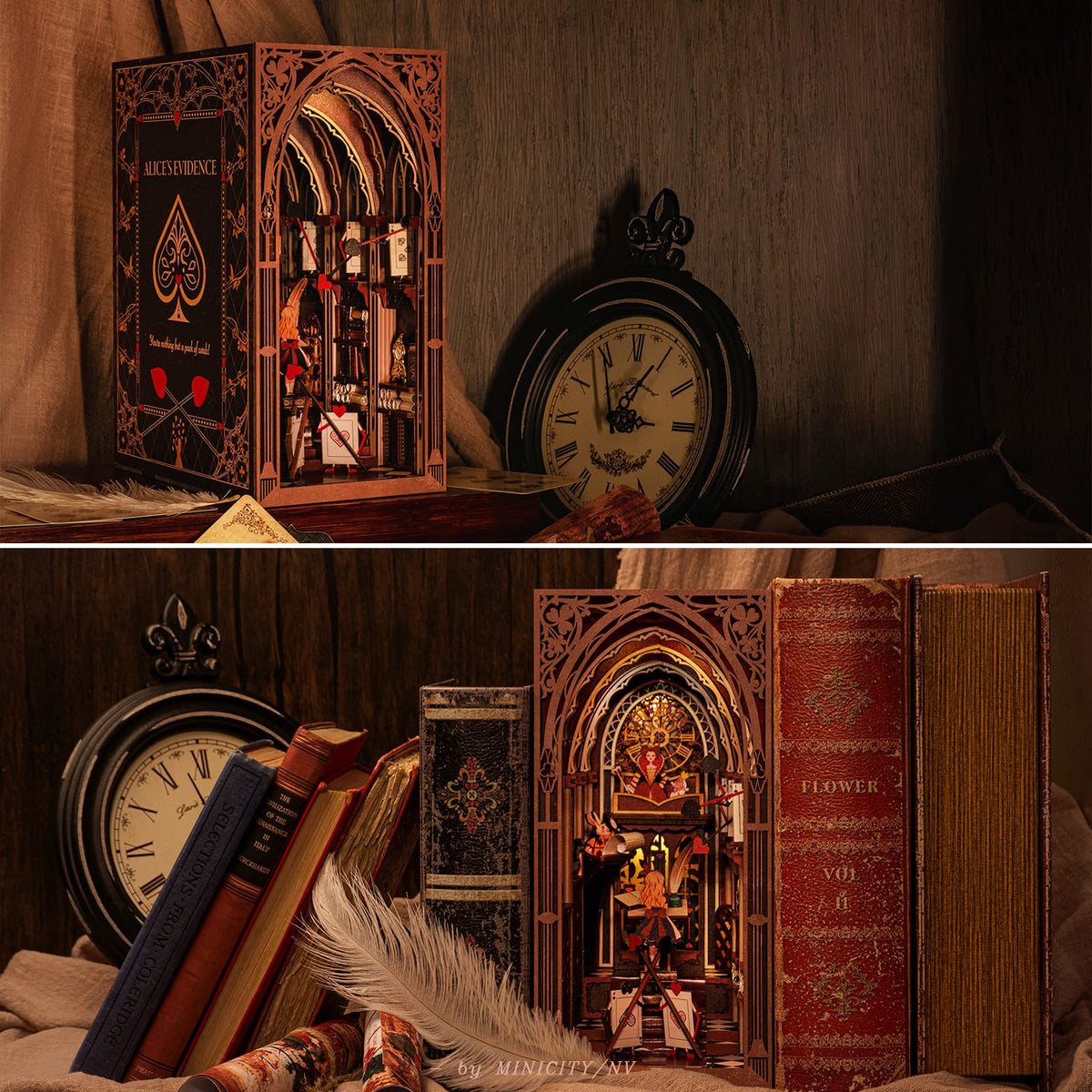 Minicity Book Nook Kit — Alice in Wonderland DIY 3D Wooden Bookend with LED Light