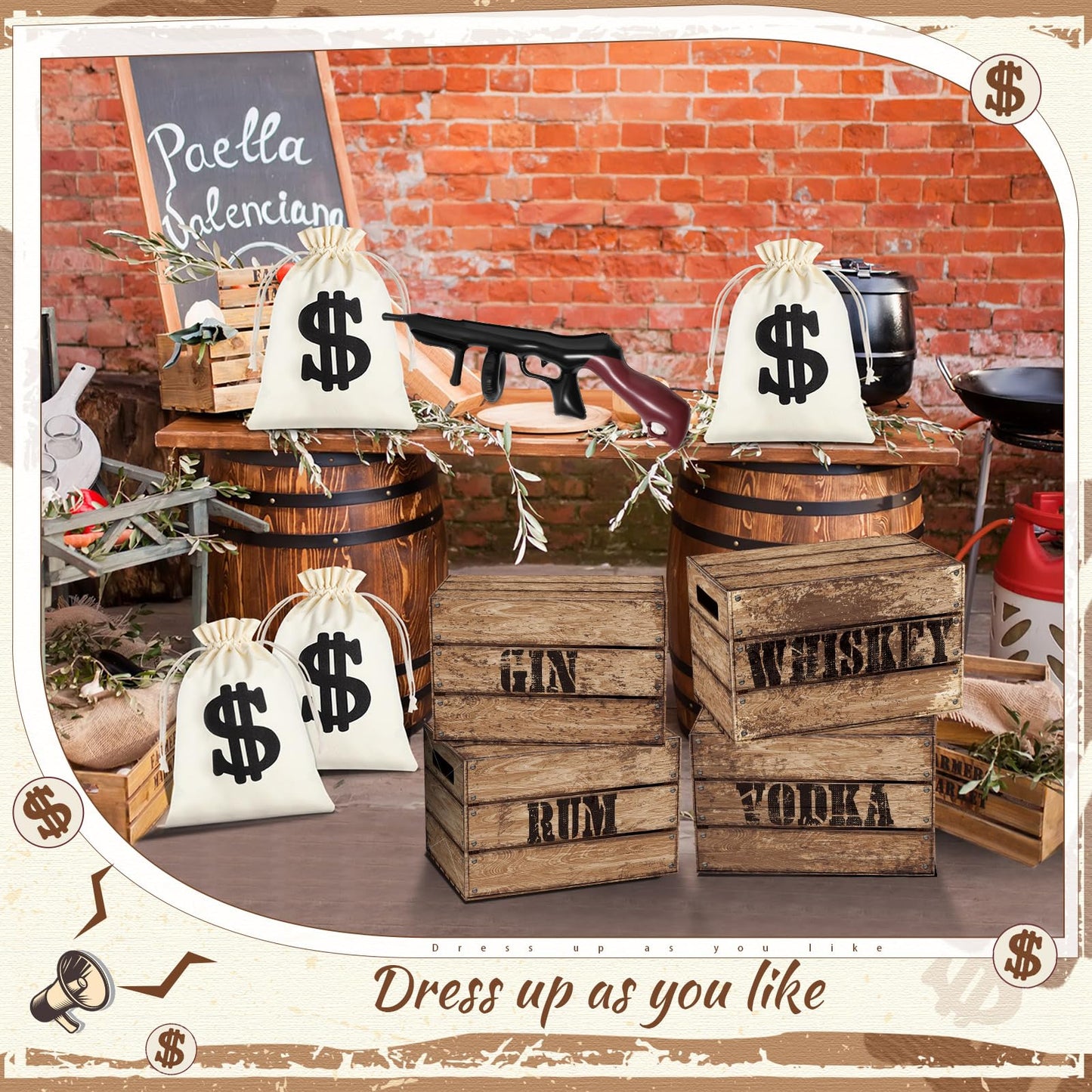 MiniInflat Money Bag Prop Set – 4 Wood Grain Boxes, 2 Inflatable Guns, 2 Canvas Money Bags for Speakeasy & Mafia Parties
