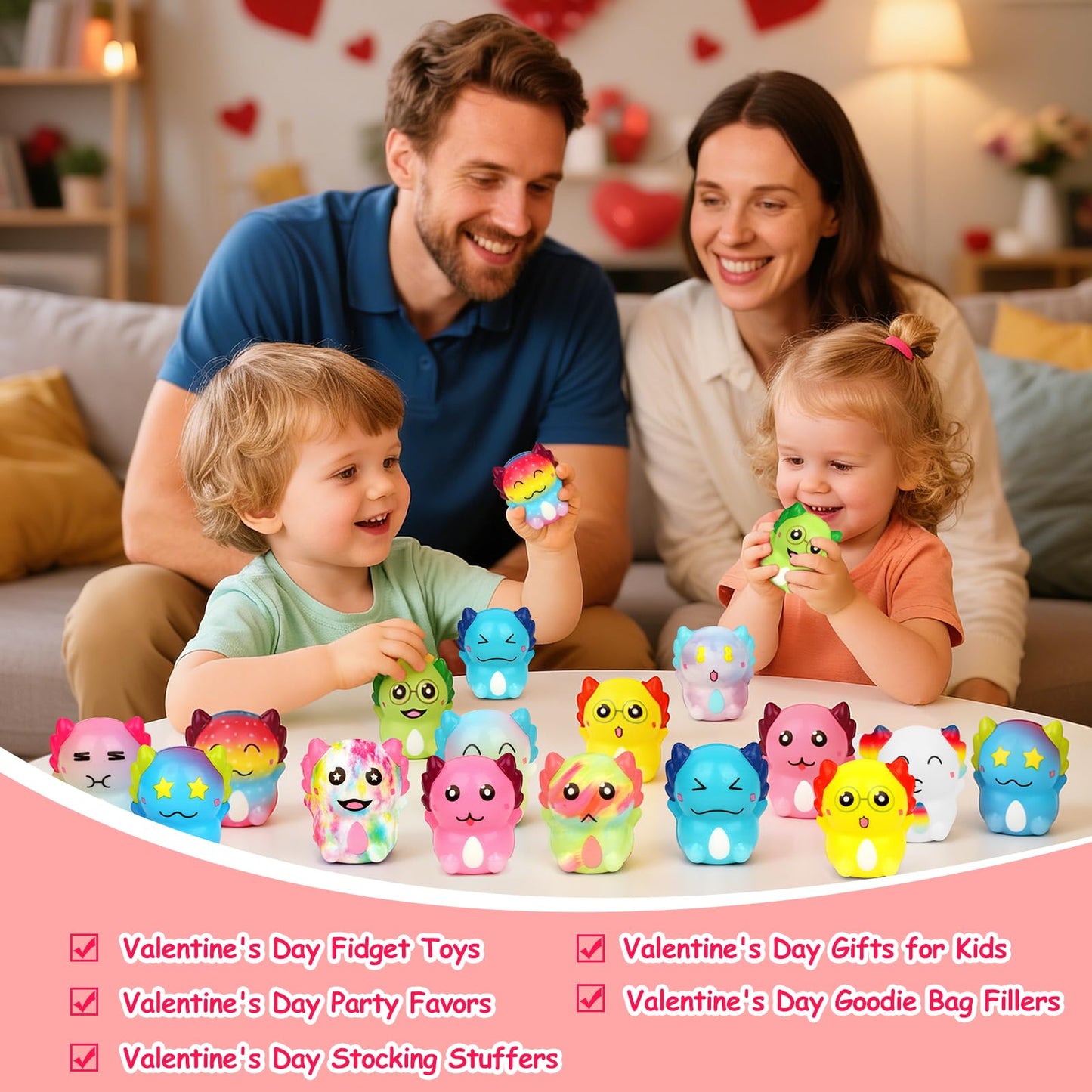 MINYSIC 24-Pack Valentines Day Axolotl Mochi Toys for Kids — Classroom Cards & Party Favors
