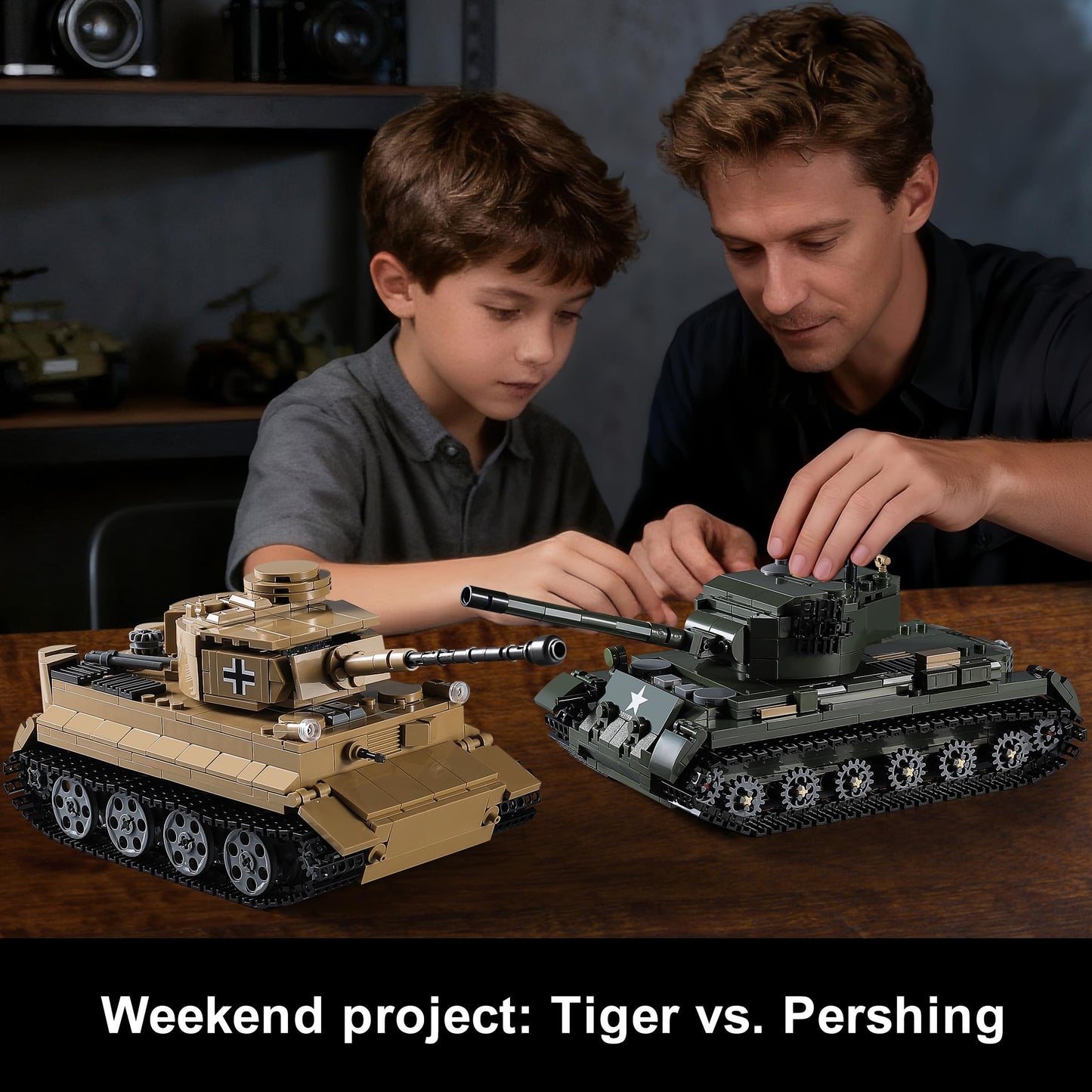 MISTBUY WW2 Military Tank Building Set - Light-Up Tiger I & M26 Pershing Tank Kit (1,195 pieces)