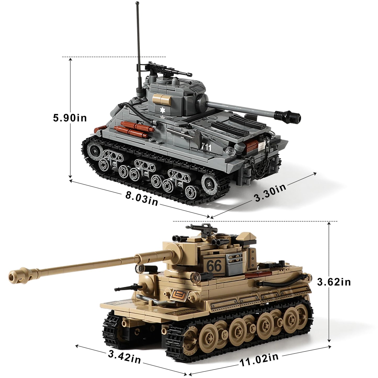 Mistbuy WW2 Tanks Building Kit – Tiger I & M4 Sherman, Lego-Compatible, 1184 Blocks (Ages 8-14)