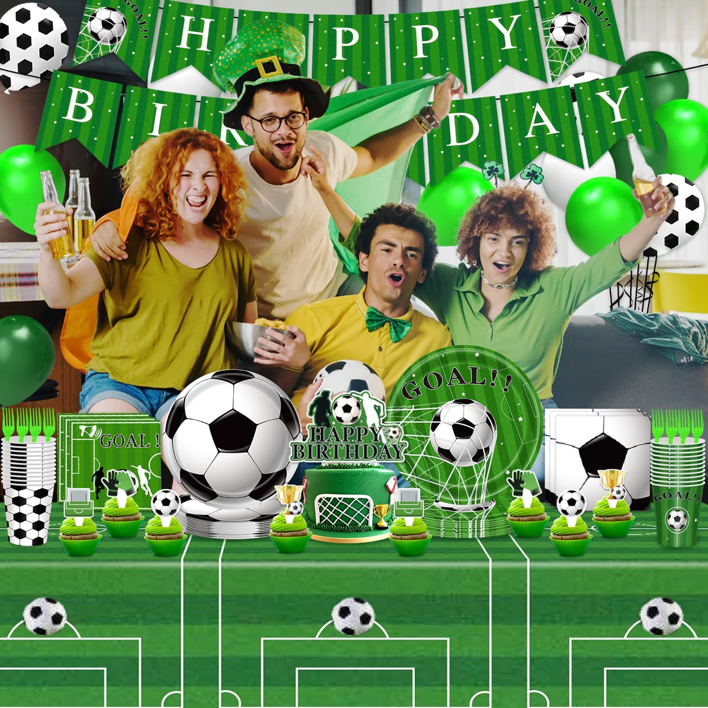 Miucat Soccer Party Decorations - 143 Pcs Party Supplies for 24 Guests (Plates, Napkins, Tablecloth, Banner, Balloons)