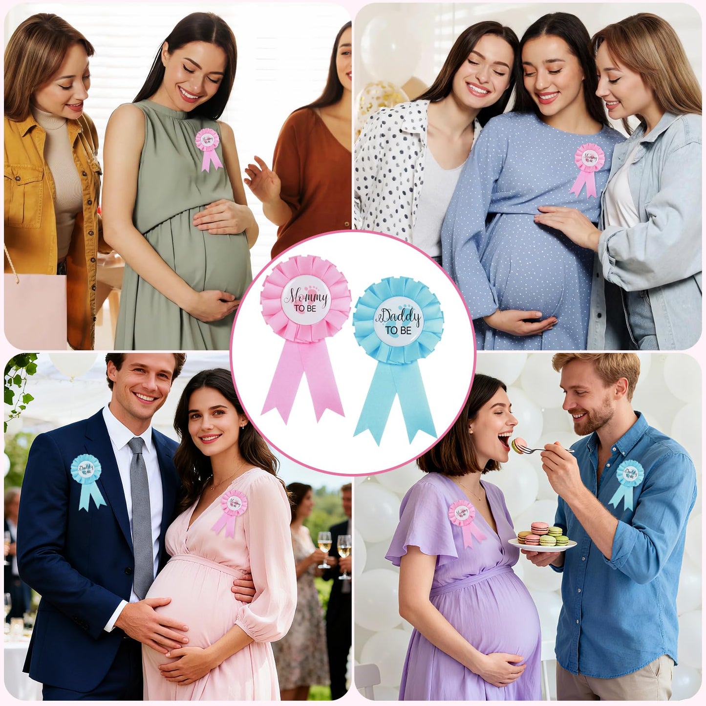 MixPeak Daddy To Be & Mommy To Be Tinplate Pin Set — Pink & Blue Rosette Badges for Gender Reveal
