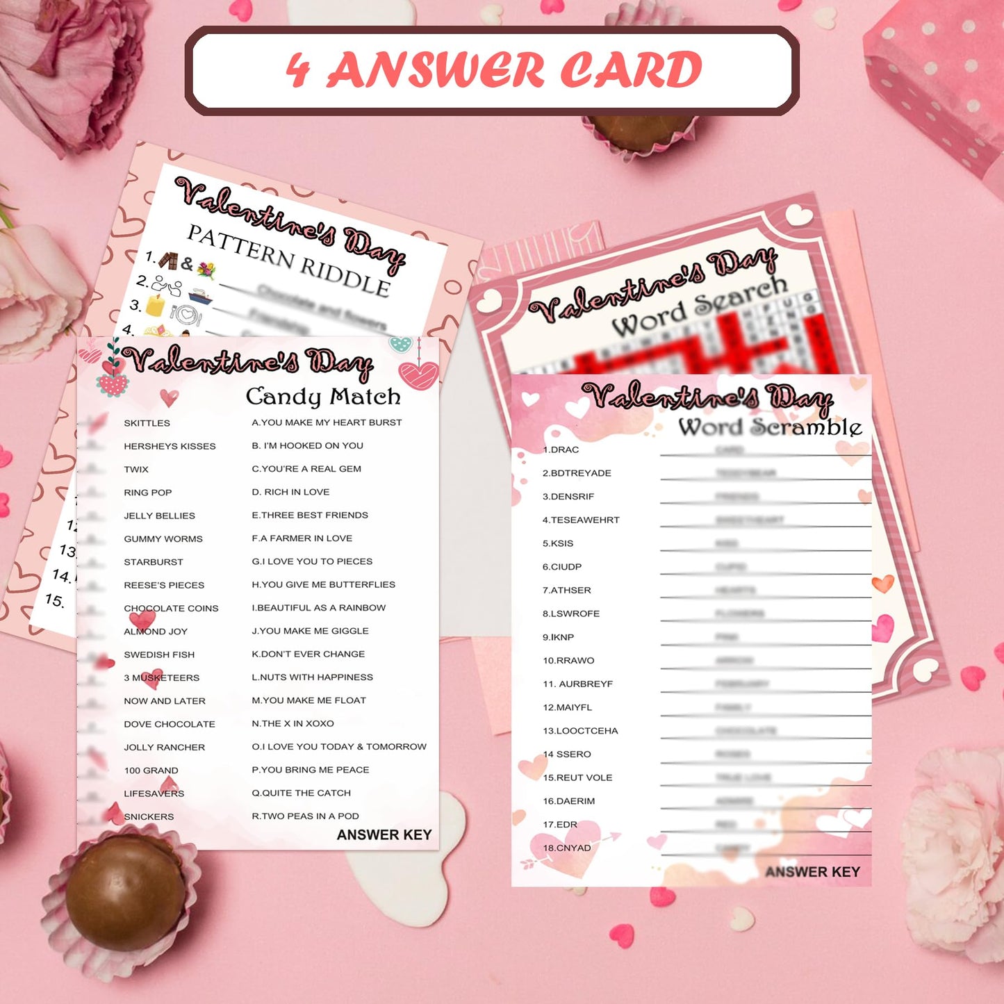 MLOLM 104Pcs Valentines Party Games Card – Word Search, Word Scramble & Classroom Fun