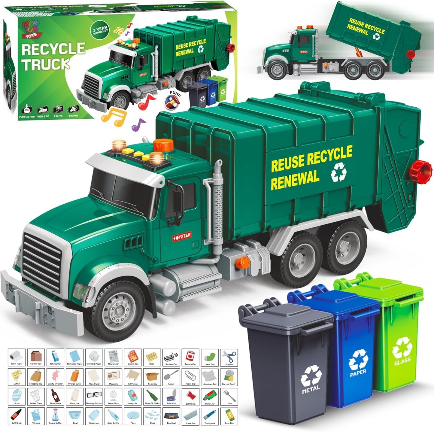 Mobius Garbage Truck Toy – Lights, Sounds, and 3 Recycling Cans for Kids 3–7