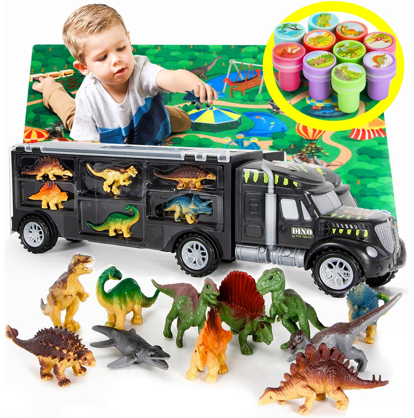 MOBIUS Toys Dinosaur Truck Carrier – 12 Realistic Dinos for Kids 3-7 | Durable Indoor/Outdoor Play