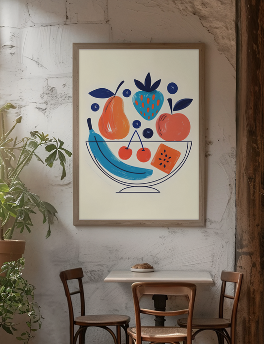 Modern Fruit Bowl Poster - Scandinavian Kitchen Wall Art - Colorful Food Illustration Print