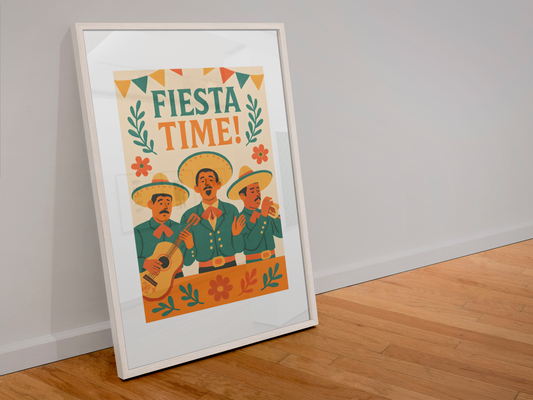 Fiesta Time Poster – Retro Mexican Wall Art – Vintage Mariachi Band Print – Colorful Festival & Cinco de Mayo Home Decor