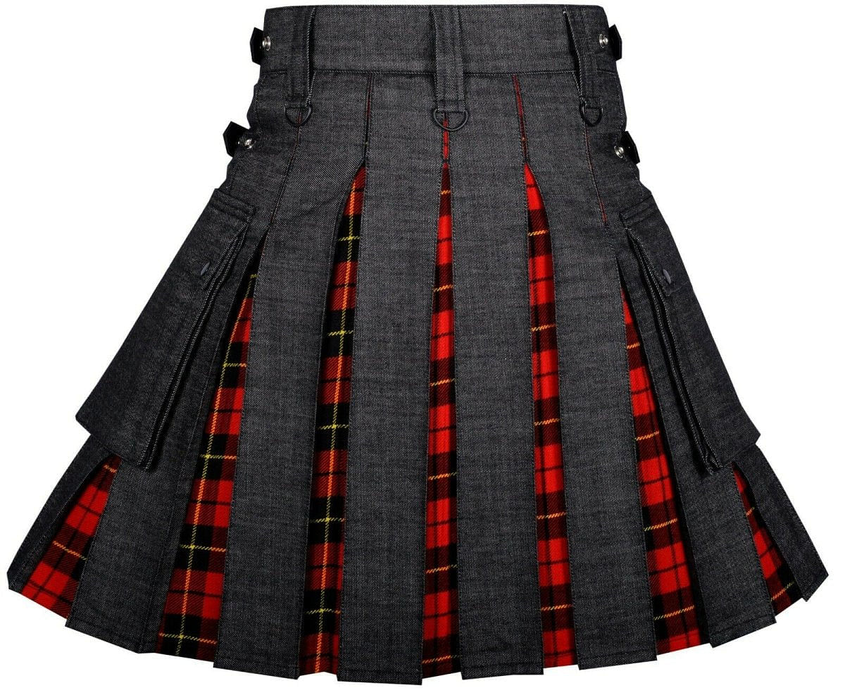 Modern Hybrid Black Denim & Wallace Tartan Kilt Handmade Hybrid Utility Kilt