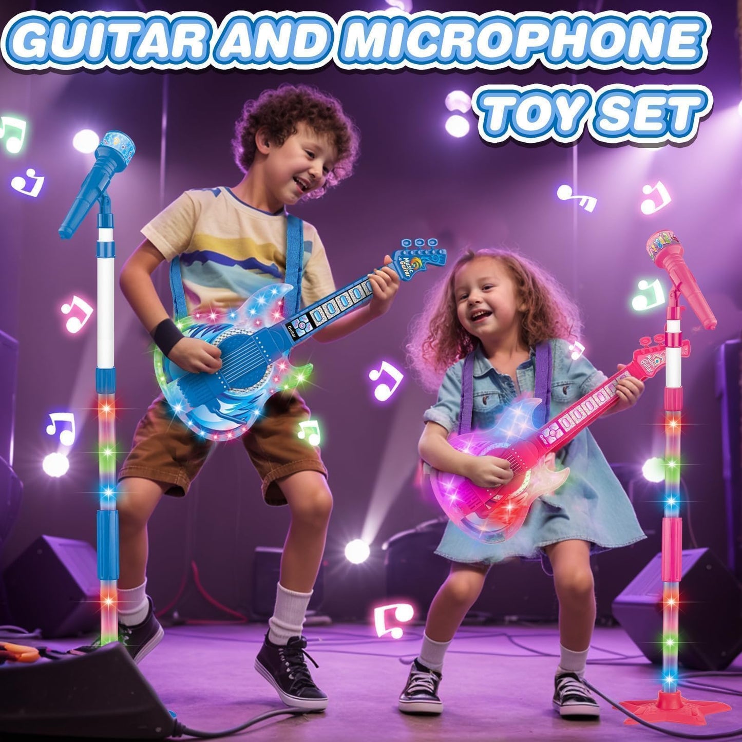 MOEAWS Kids Guitar and Microphone Set – Adjustable Volume, Stand & Color Light (Blue)