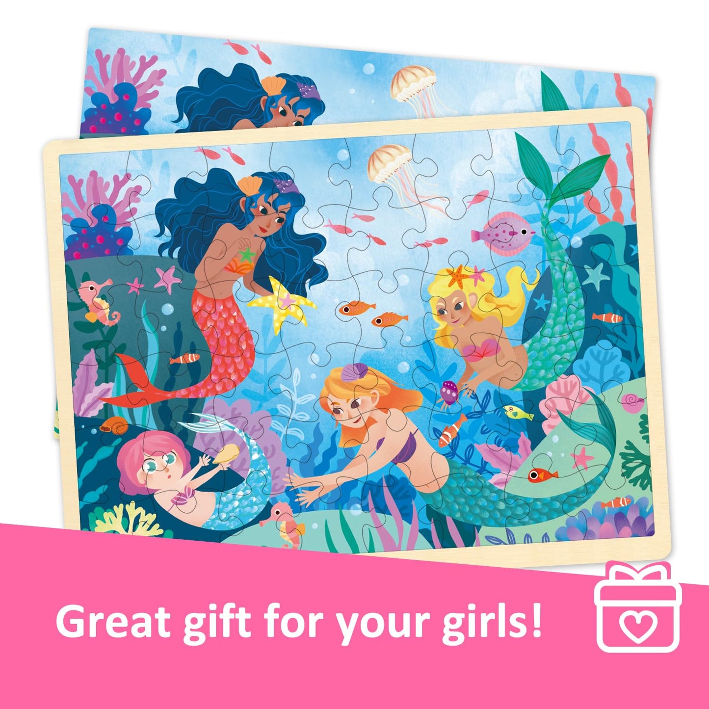 MoinKidz 48-Piece Mermaid Wooden Puzzles for Kids Ages 3-5 with Storage Tray