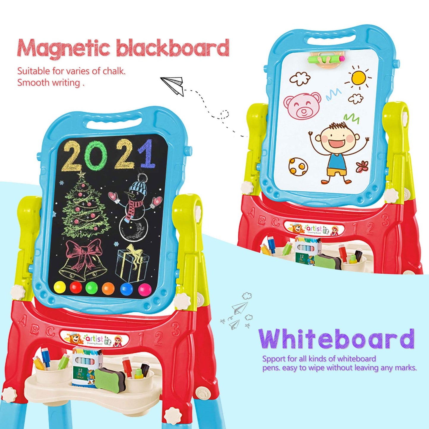 Mojitodon Kids Easel - 360° Rotating, Double-Sided Adjustable Art Easel with Accessories (Blue)