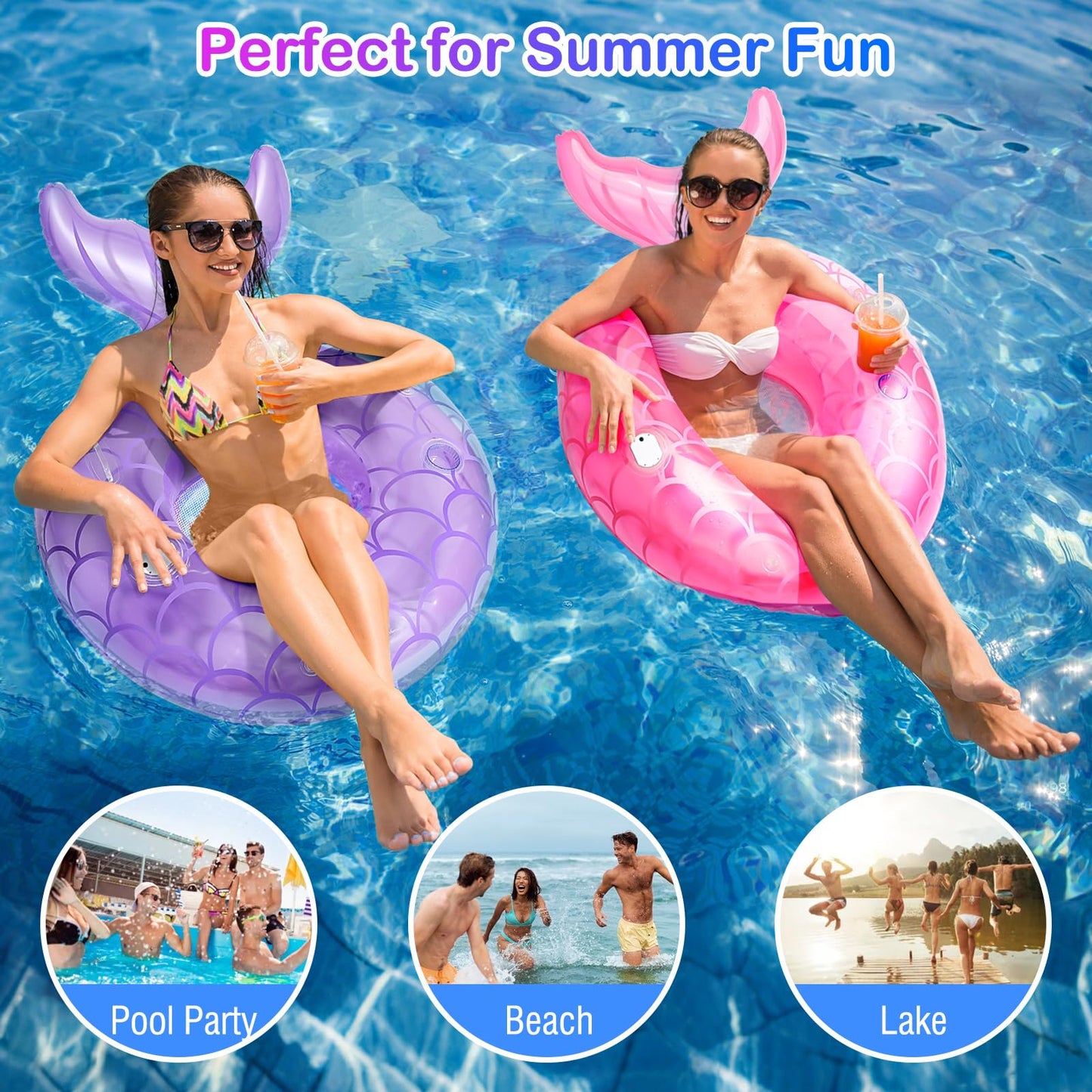 MoKo 42-Inch Lighted Mermaid Tail Pool Floats for Adults – LED Pool Toy with Cup Holder