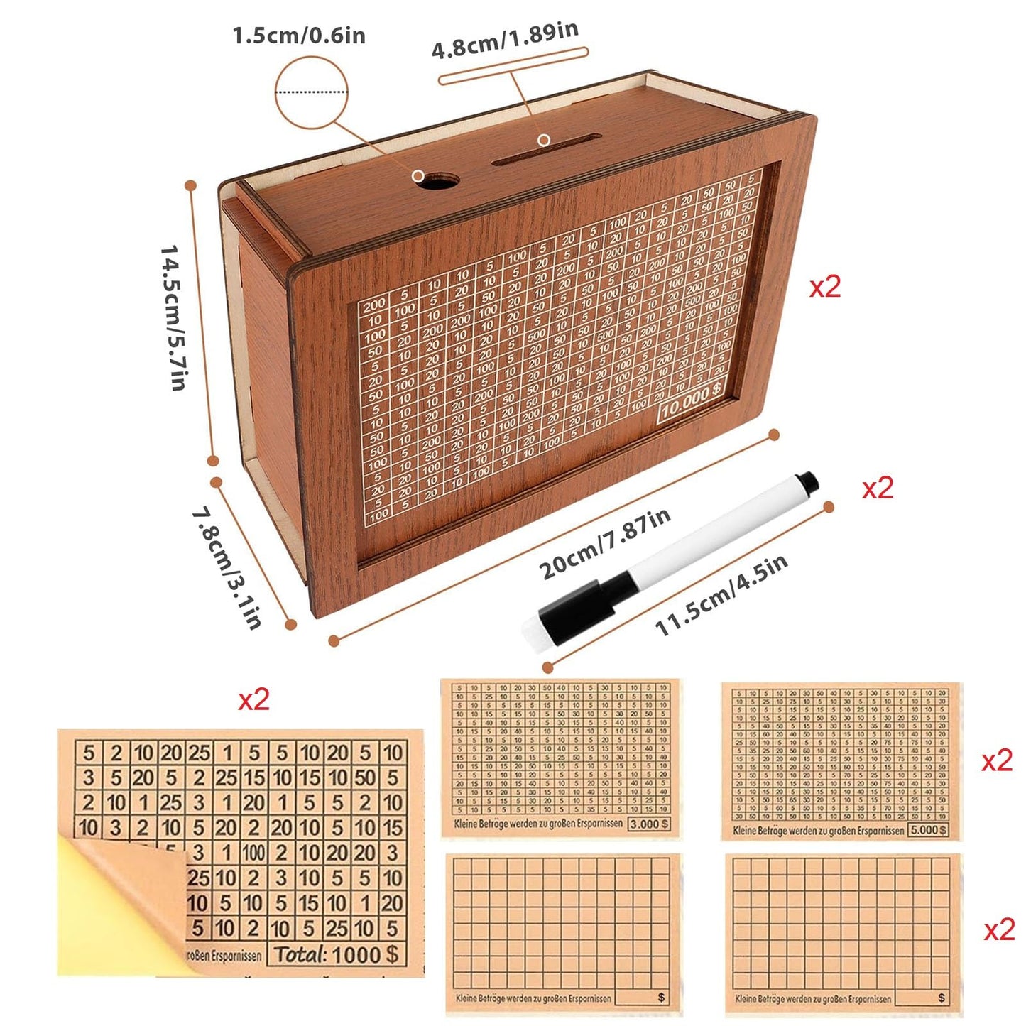 MoliDow 2-Pack Money Saving Box – Wooden Piggy Bank with 8 Target Sheets