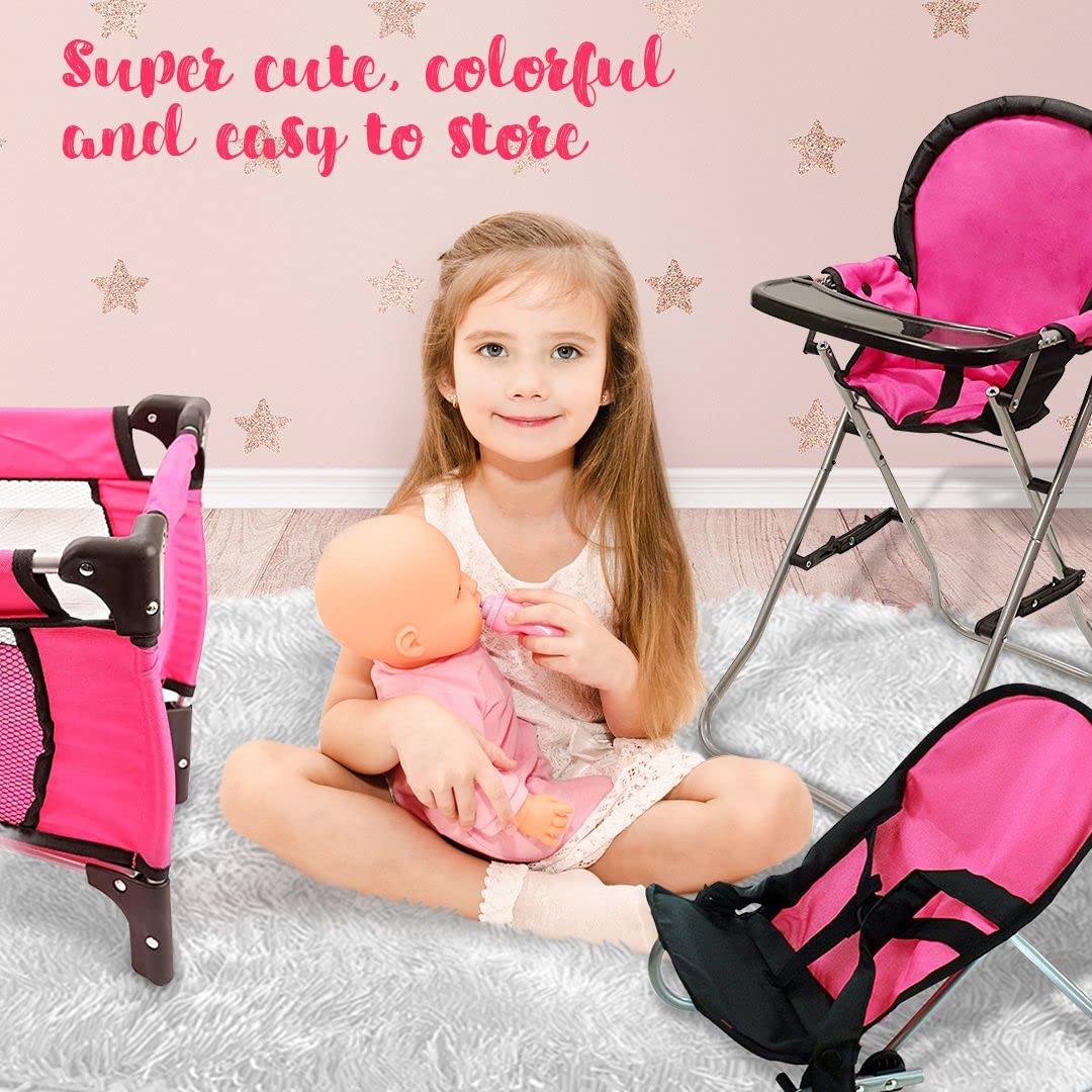 Mommy & Me Pink 3-in-1 Doll Accessories Set for 18-inch Dolls – High Chair, Crib & Bouncer
