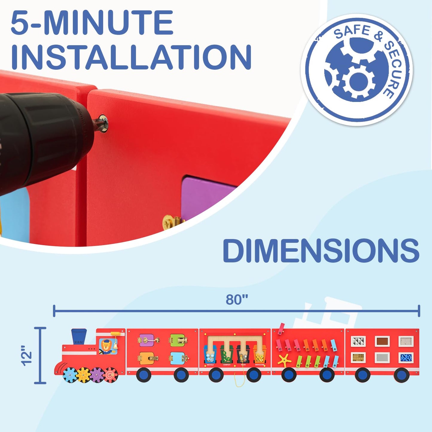 Monläurd Wooden Train Activity Wall Panel — Montessori Sensory Wall Toy for Toddlers
