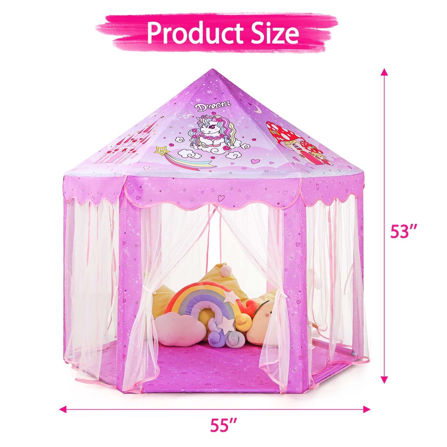 Monobeach Princess Tent – Large Unicorn Castle Play Tent for Kids, 55x53 inches, with Star Lights