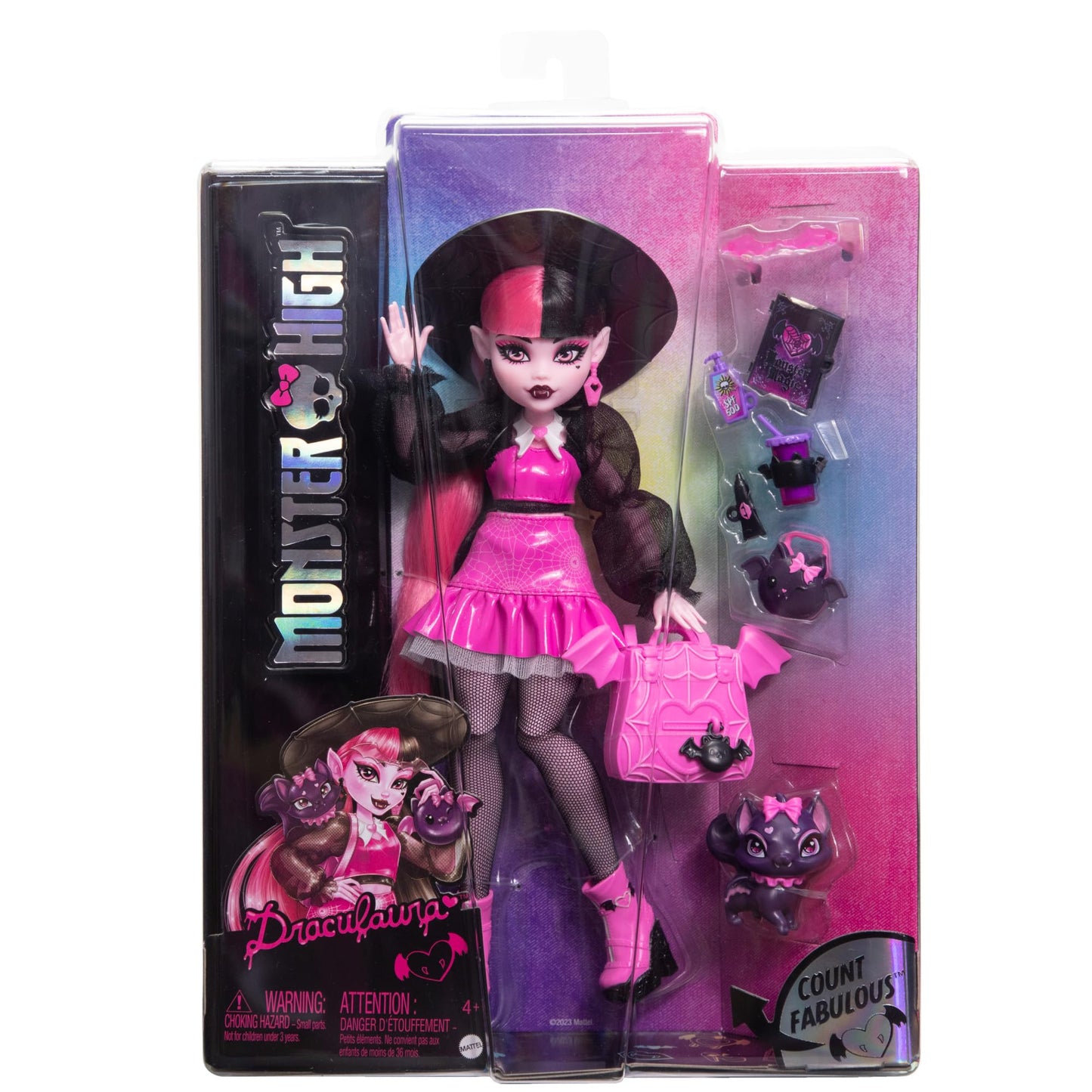 Monster High Draculaura Doll with Count Fabulous & Accessories – Backpack, Spell Book, Bento Box