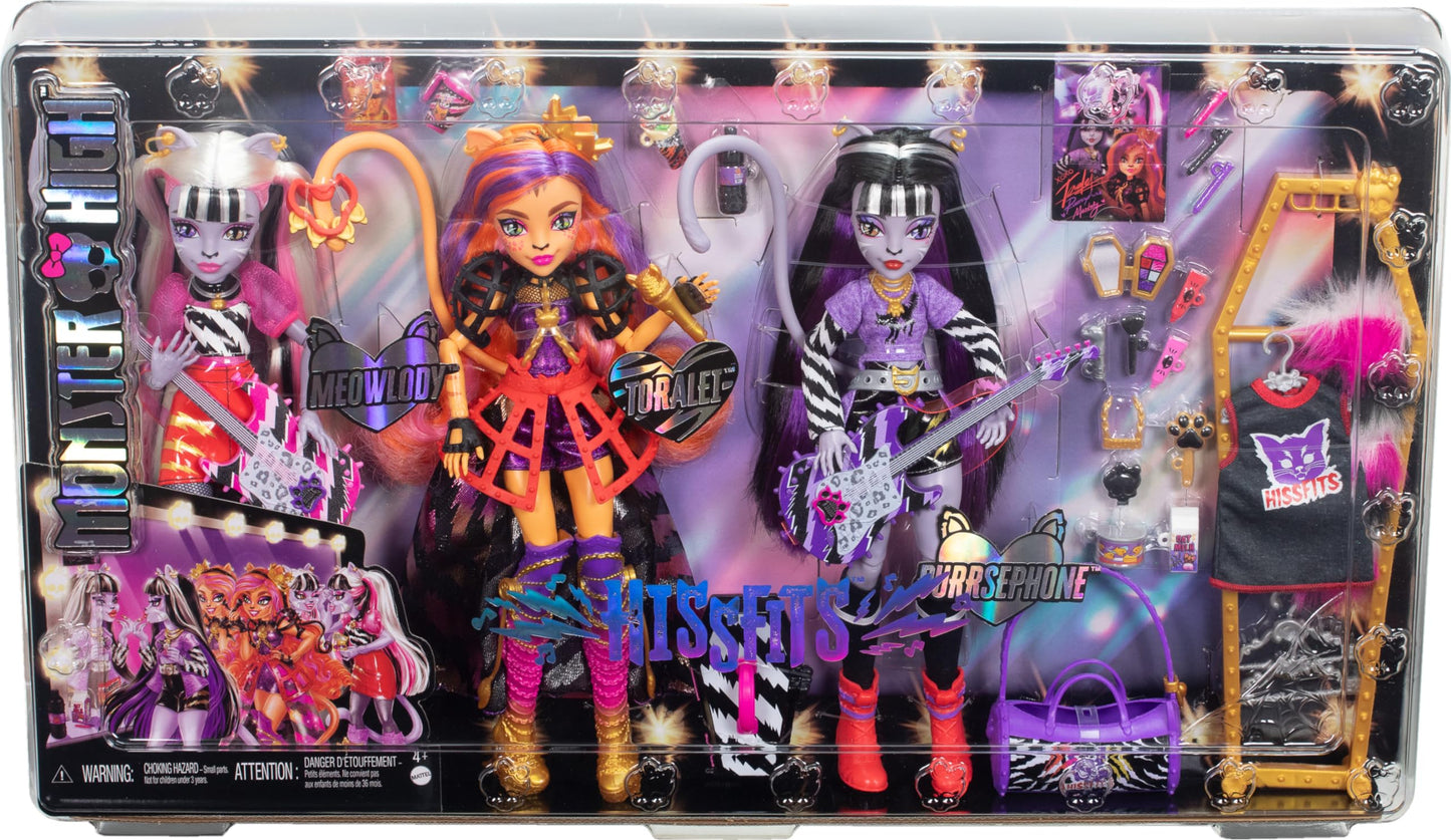 Monster High Hissfits Band Three-Pack Dolls — Toralei Stripe, Meowlody & Purrsephone