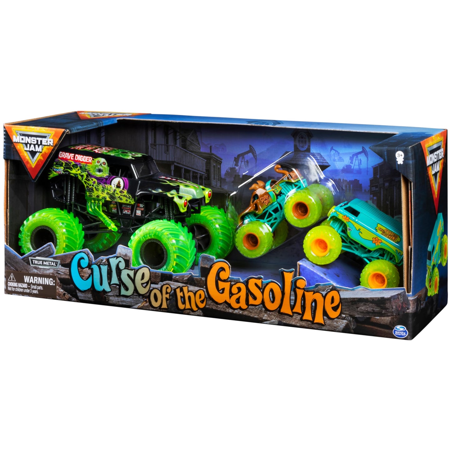 Monster Jam Curse of The Gasoline 3-Pack Die-Cast Trucks: Grave Digger 1:24, Scooby-Doo & The Mystery Machine