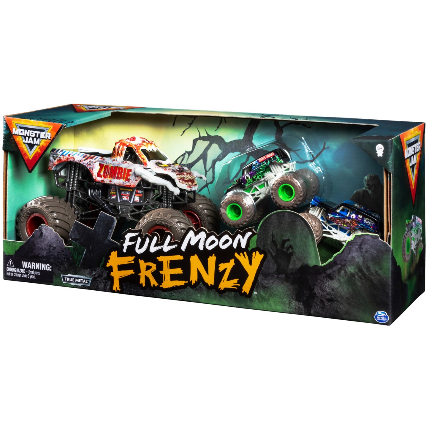 Monster Jam Full Moon Frenzy 3-Pack Die-Cast Trucks — Exclusive 1:24 Zombie & 1:64 Grave Digger & Son-Uva Digger