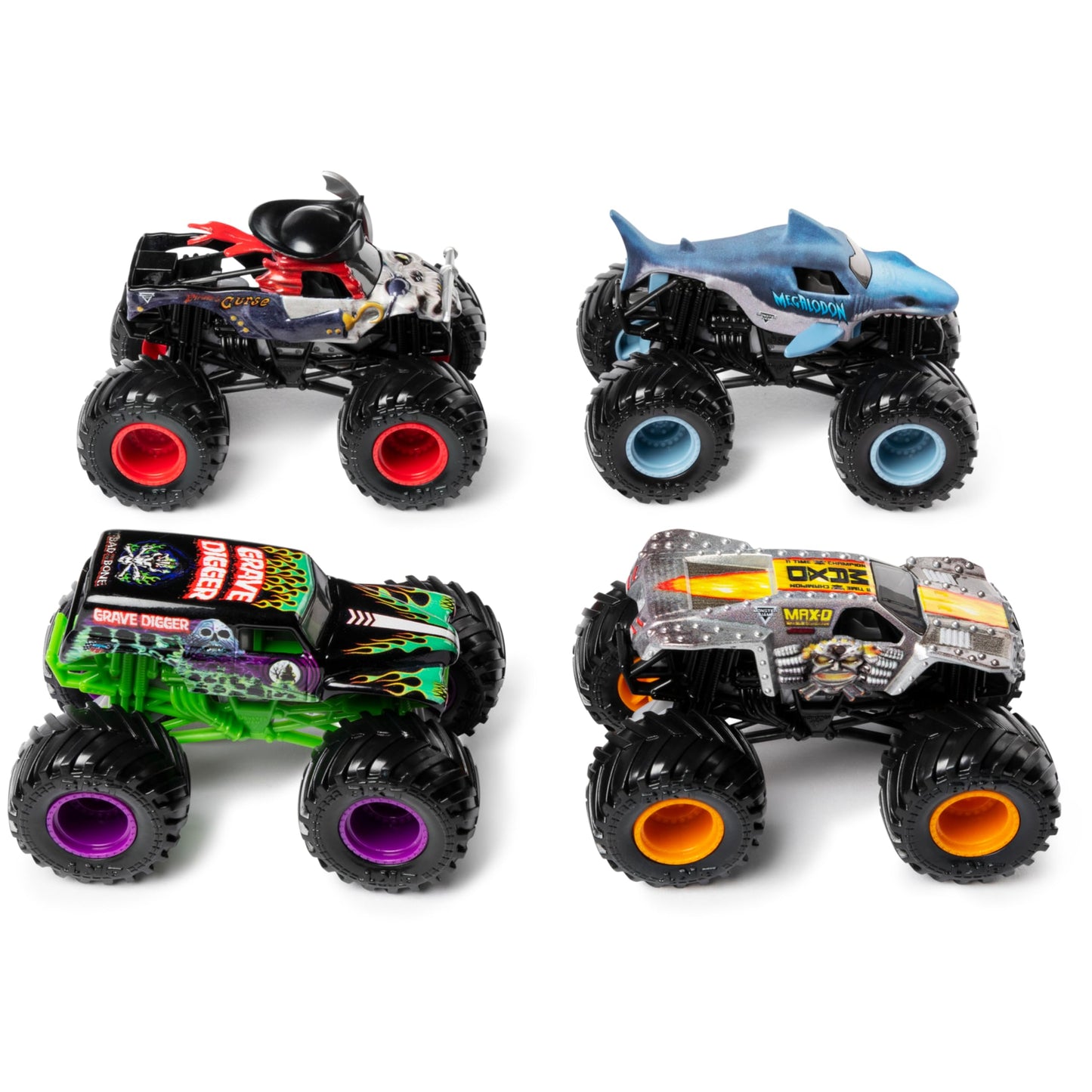 Monster Jam Land vs Sea 4 Pack 1:64 Scale — Grave Digger, Max-D, Megalodon & Pirate's Curse