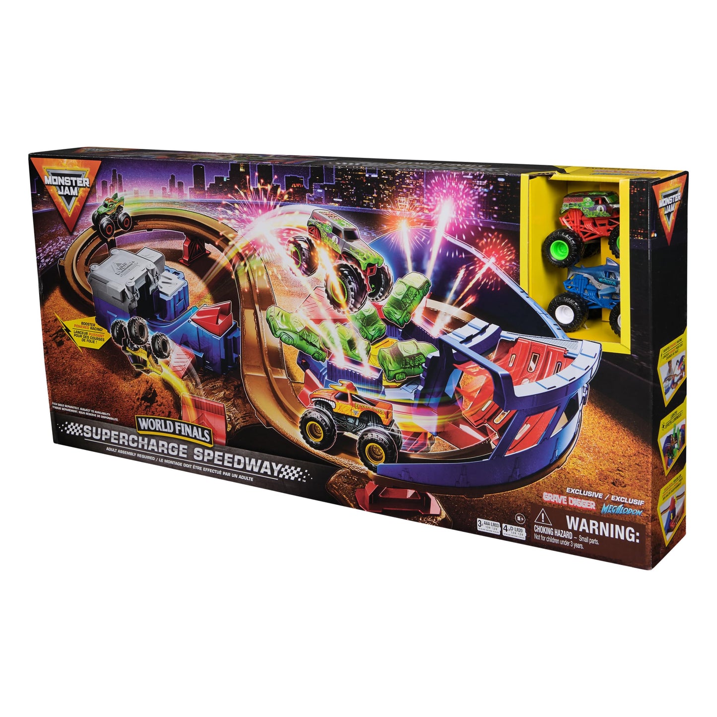 Monster Jam Supercharge Speedway Playset – 24-Inch Monster Dirt Arena with 2 Lbs Monster Dirt and Exclusive 1:64 Die-Cast Trucks