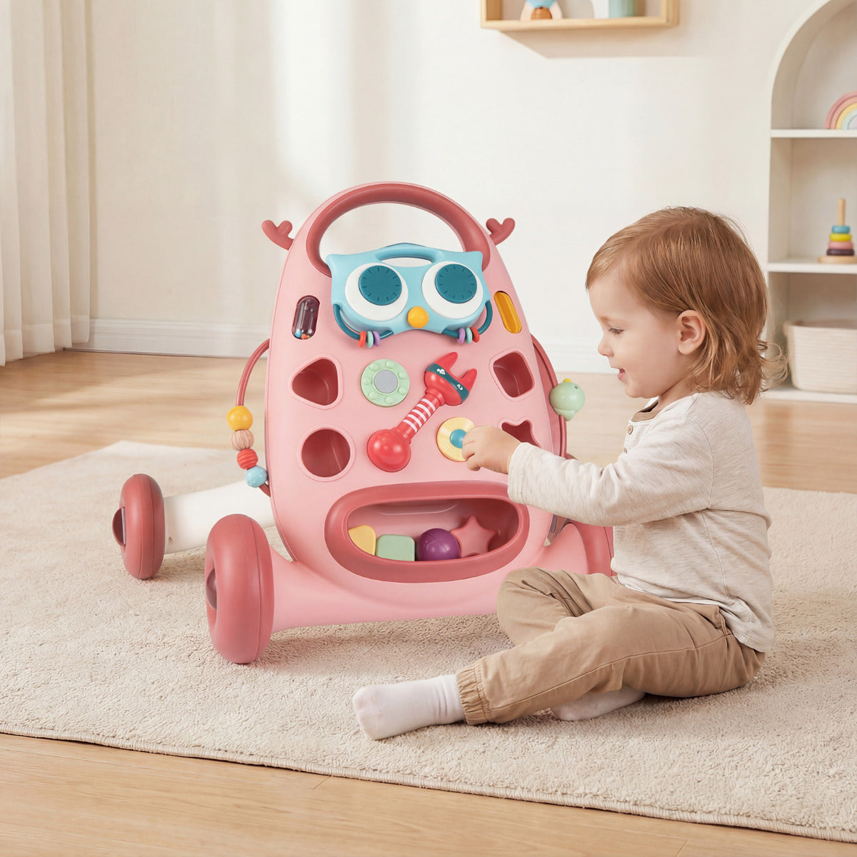 Montessori Baby Walker Toddler Educational Push Toy with Removable Oval Player and Shape Sorter-Blue