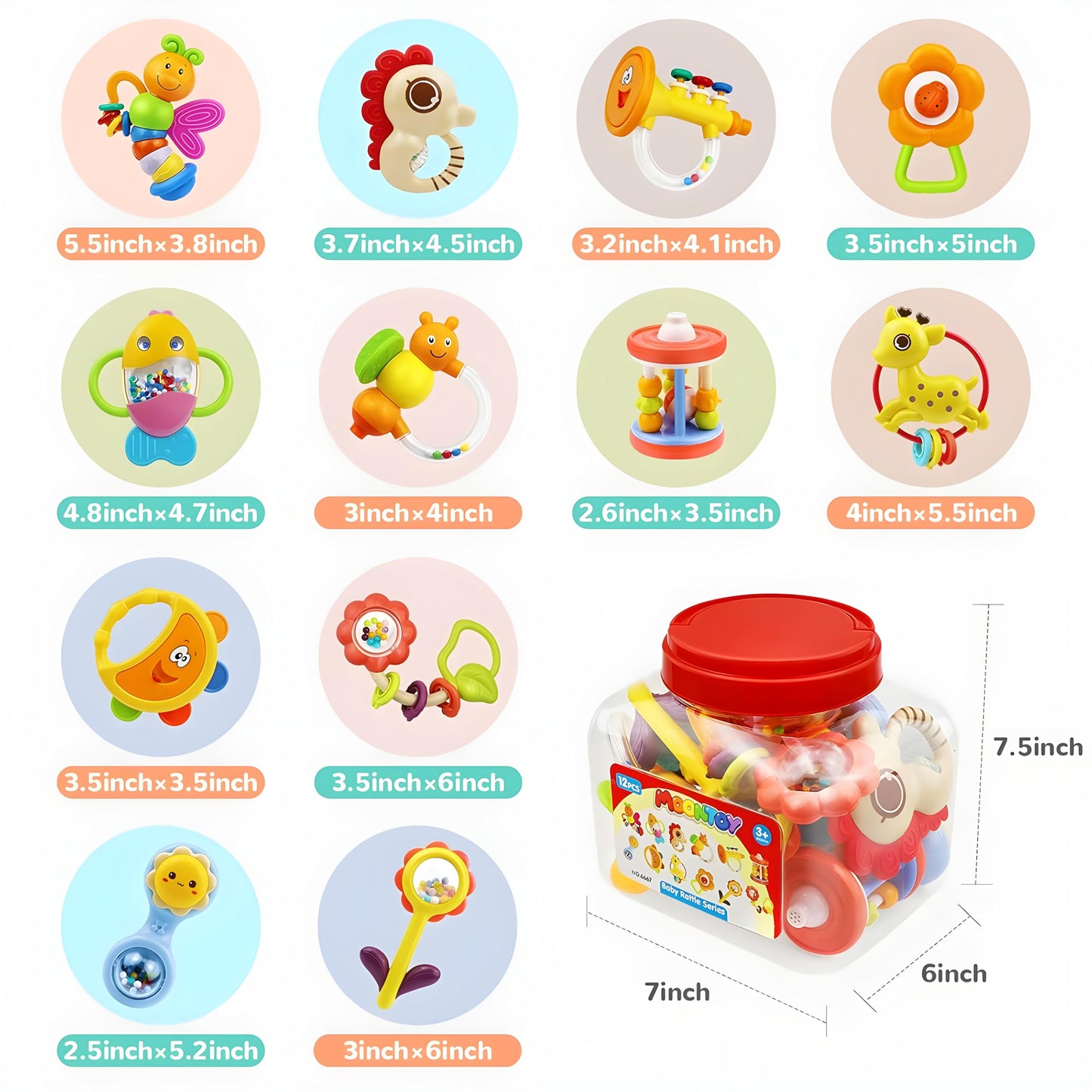 MOONTOY 12pc Baby Rattle Teether Set for 0-12 Months – Montessori Infant Toys