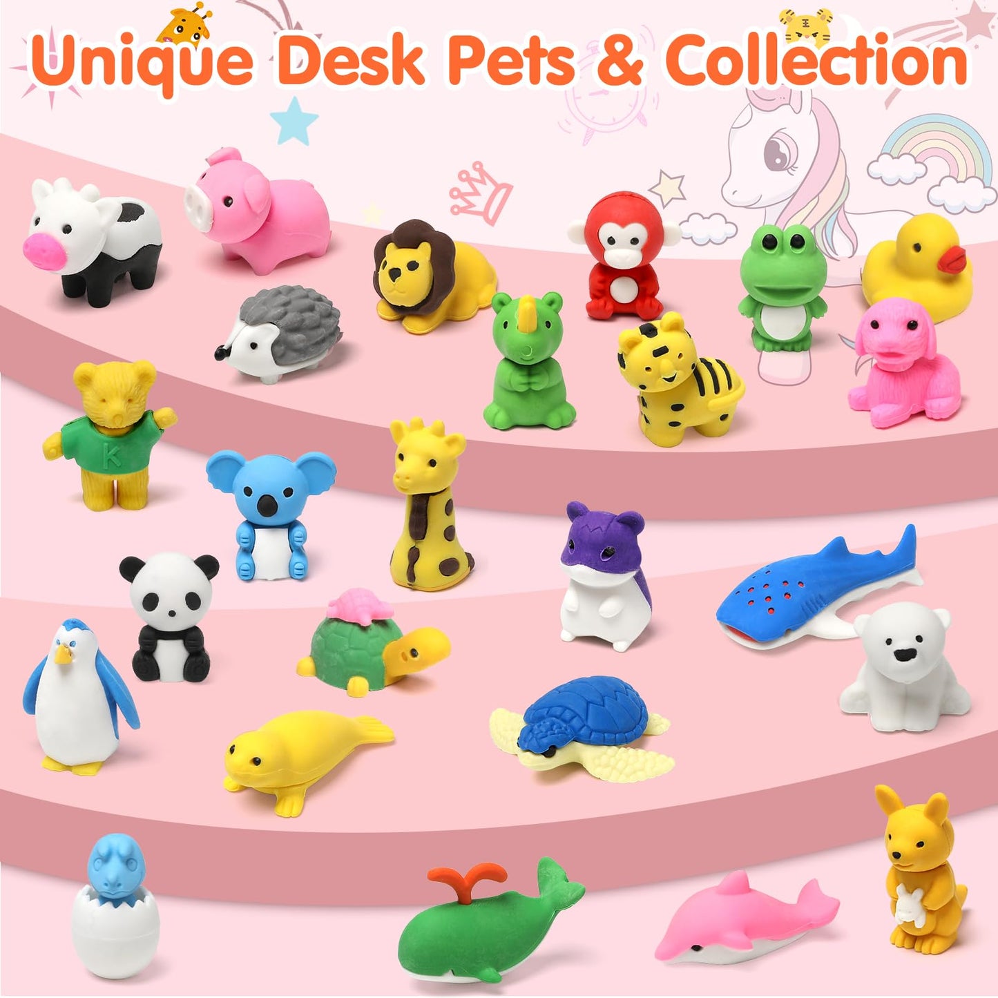 Moosia 34-Pack Animal Pencil Erasers – 3D Take-Apart Desk Pets & Classroom Prizes
