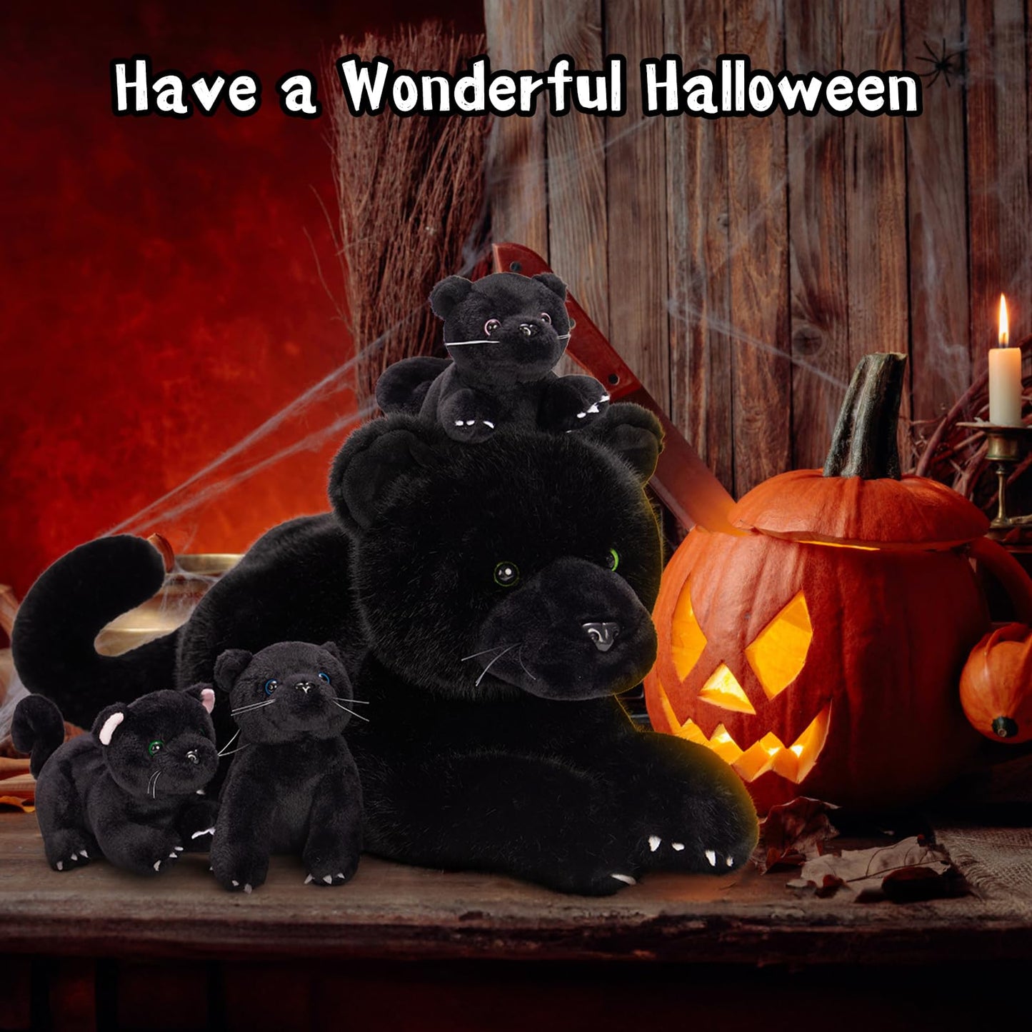 MorisMos Black Panther Stuffed Animal Family – 18" Mama with 3 Cubs, 4-Pack Plush Toys