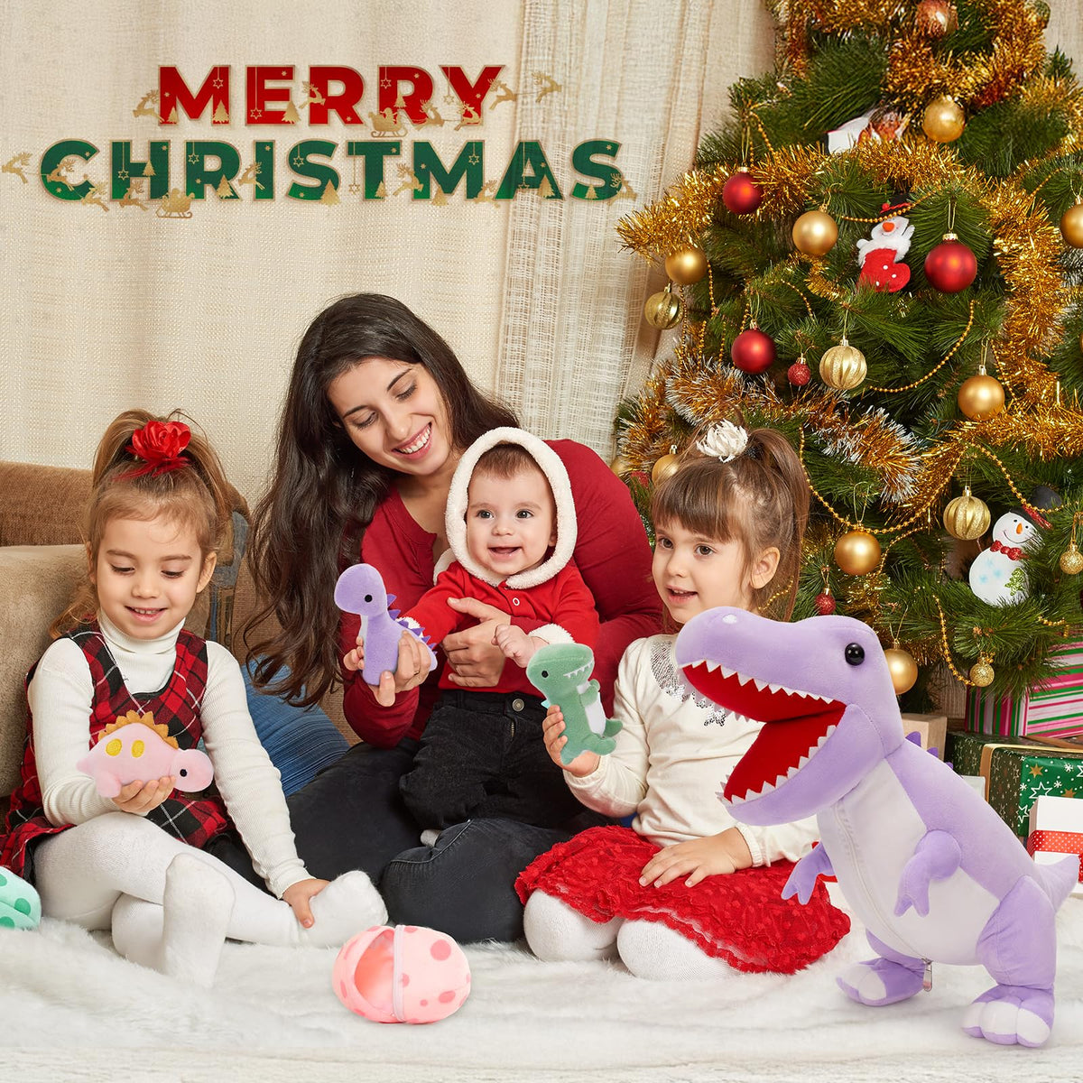 MorisMos 23.6'' Dinosaur Mommy T-Rex with 3 Baby Dinos – Plush Toy Gift & Room Decor