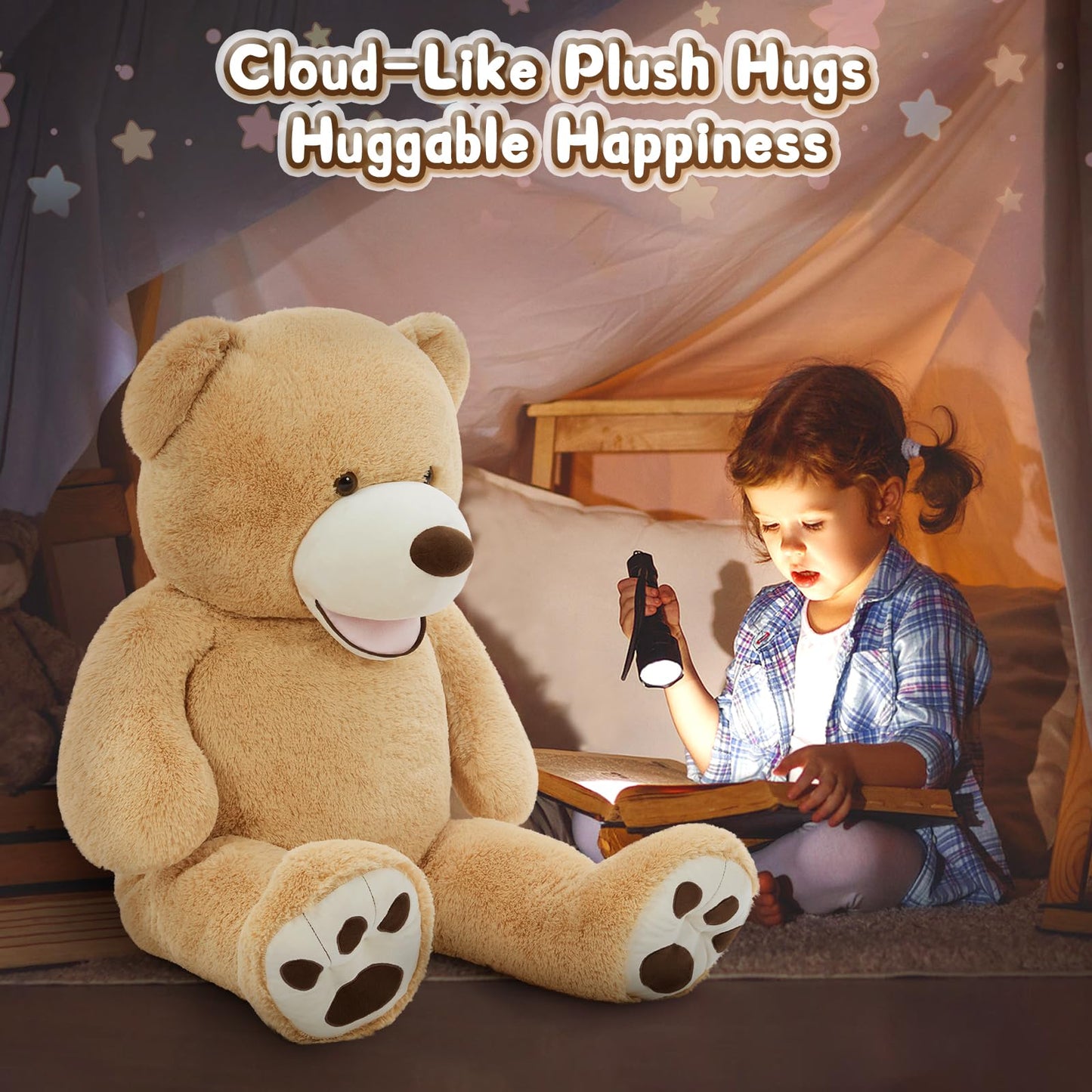 MorisMos Smiling Giant Teddy Bear – 4 ft Tall, Ultra-Soft Brown Plush