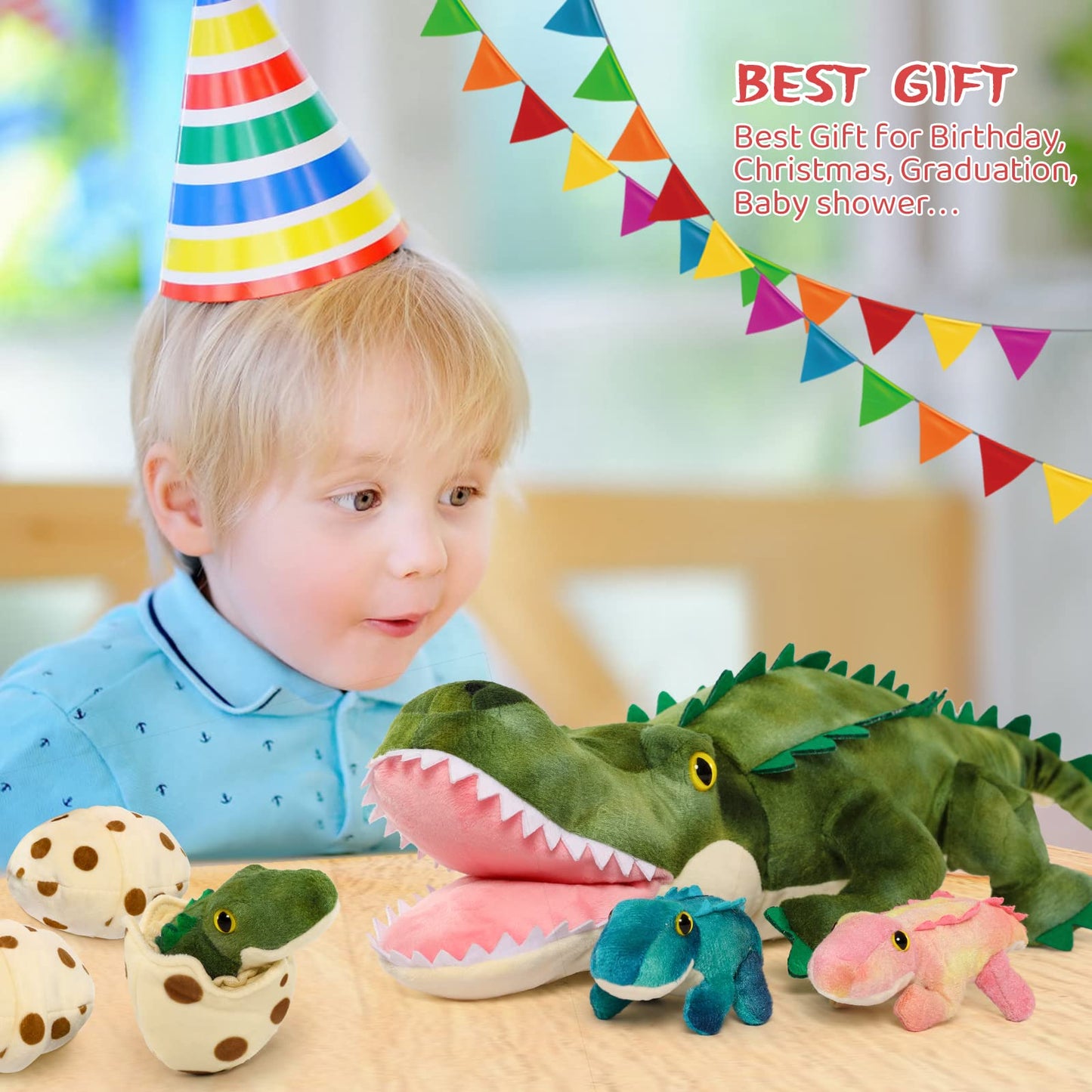 MorisMos Plush Alligator with Babies – 23.6'' Mommy Alligator + 3 Baby Crocodiles & 3 Plush Eggs