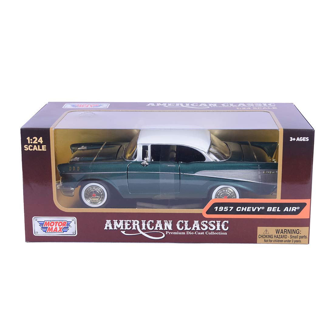 Motormax 1:24 Die-Cast 1957 Chevy Bel Air – Open Window Box, Real Rubber Tires (Colors May Vary)