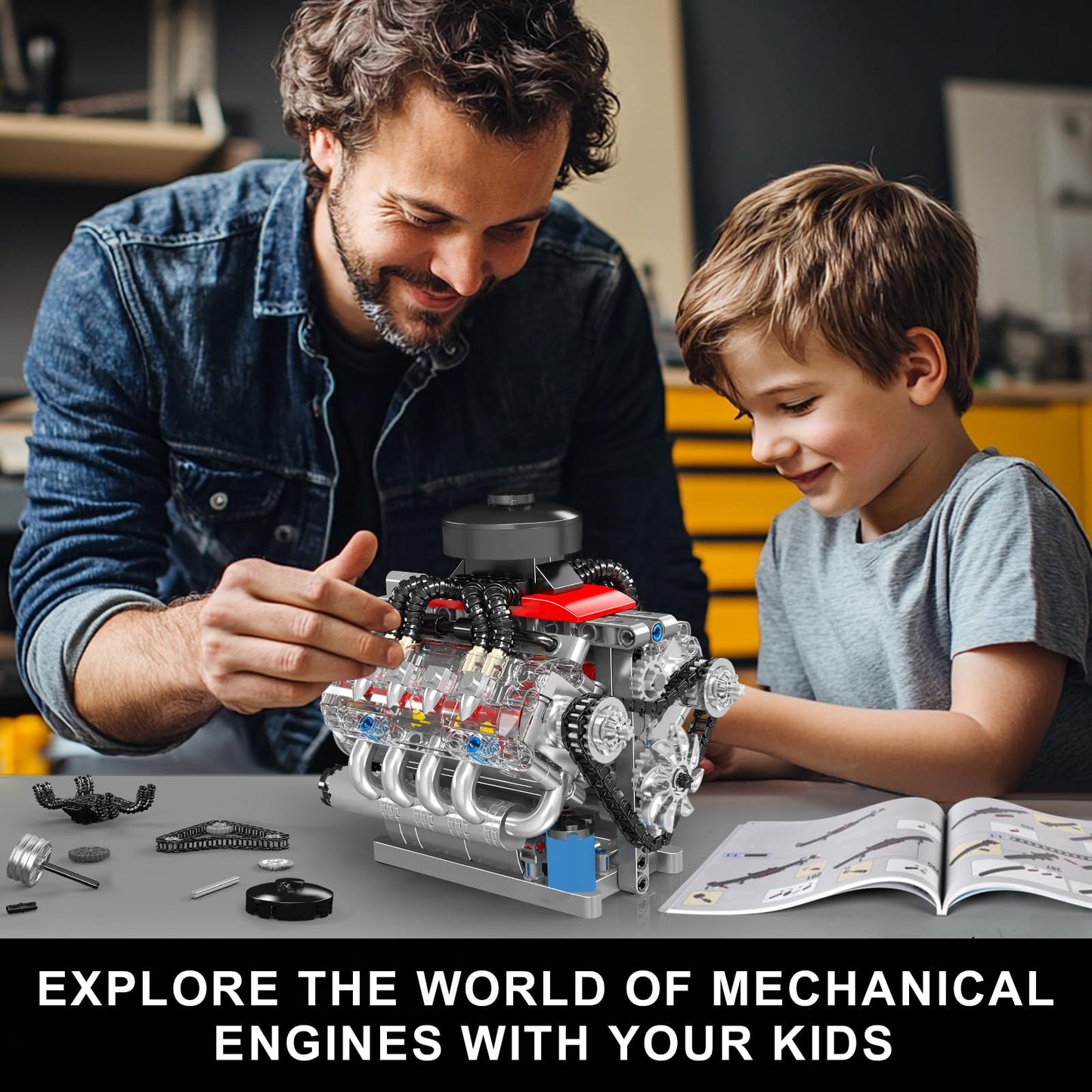 Mould King 10171 V8 Engine Model Kit That Works — 8-Cylinder Engine with Motor, 487 Pieces (STEM Build Set for Adults)