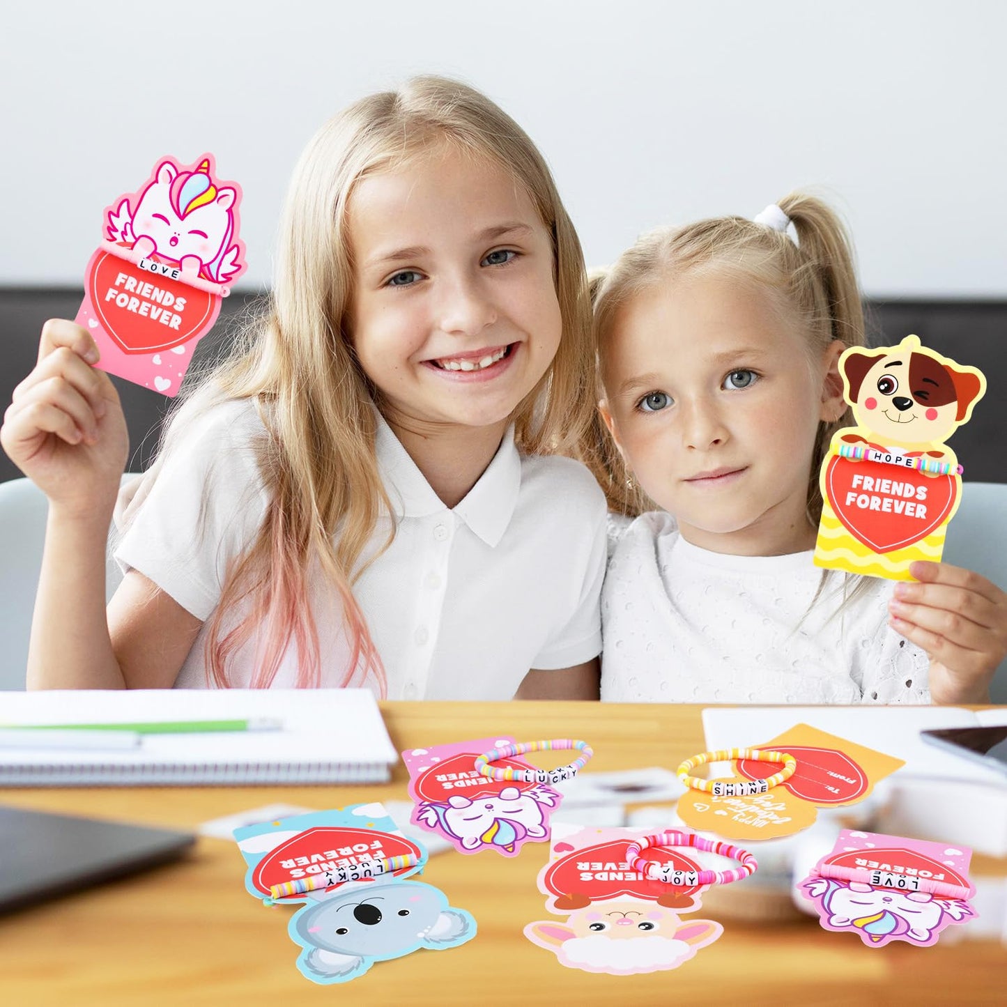 MOVINPE Valentines Day Cards for Girls – 24 Pack with Friendship Bead Bracelets & Gift Cards