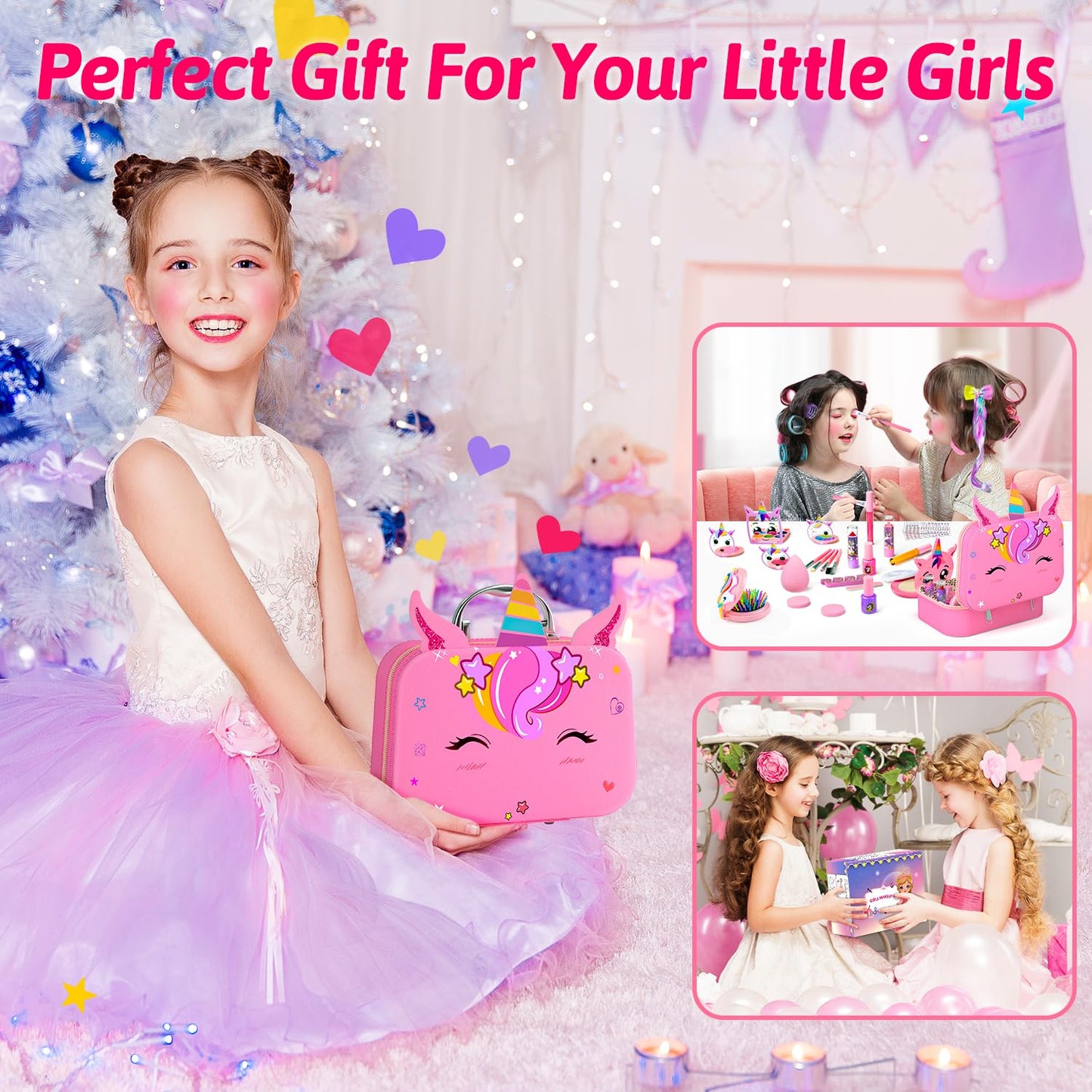Mqsiuve Kids Makeup Kit for Girls - Non-Toxic, Washable Real-Play Makeup Set (Bright Pink)