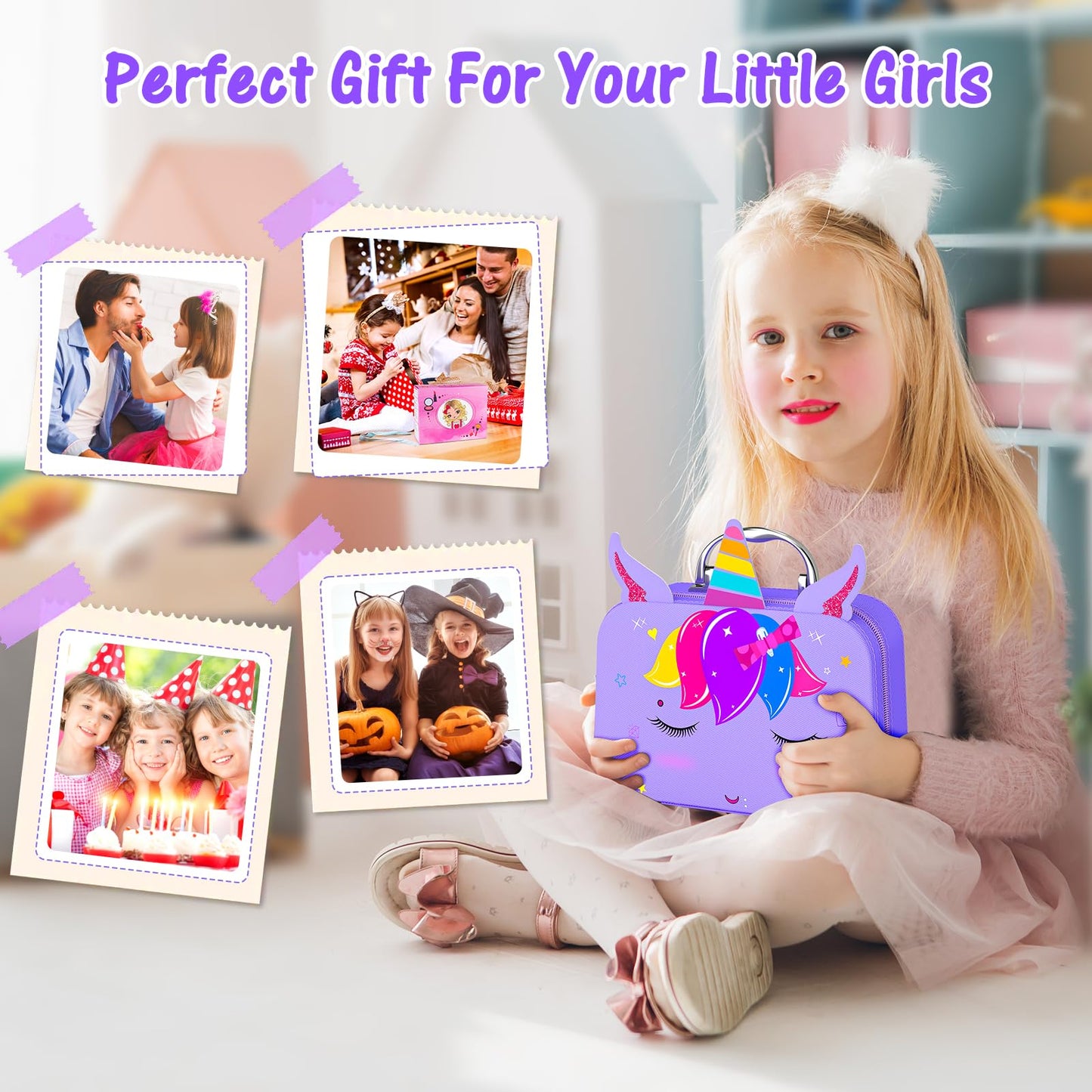 Mqsiuve Kids Makeup Kit for Girls – 2-in-1 Washable Makeup Toys, Nail Art Kit & Case (Purple)