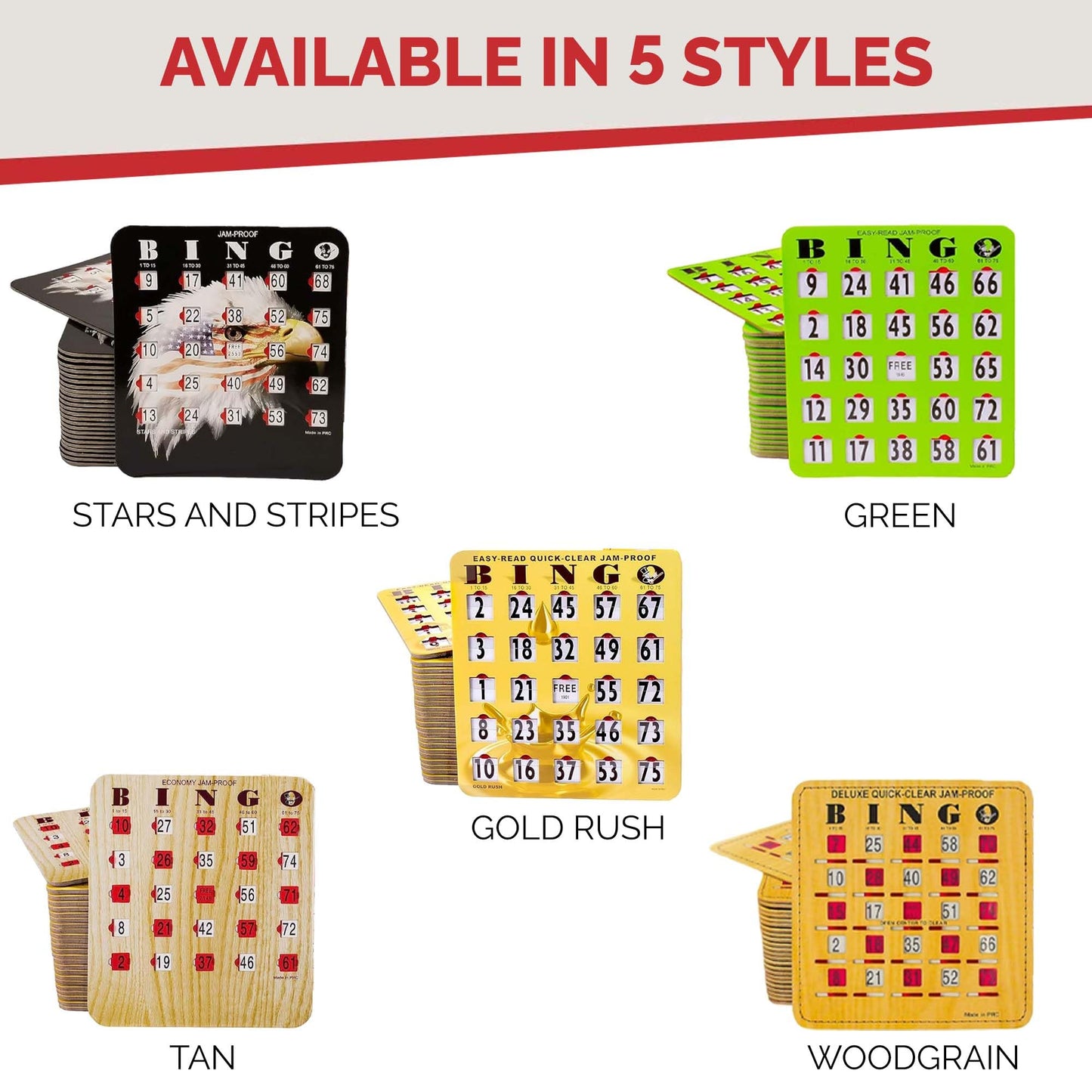 MR CHIPS Jam-Proof Easy-Read Large Print Sliding Window Bingo Cards – 25 Pack, Gold Rush Style