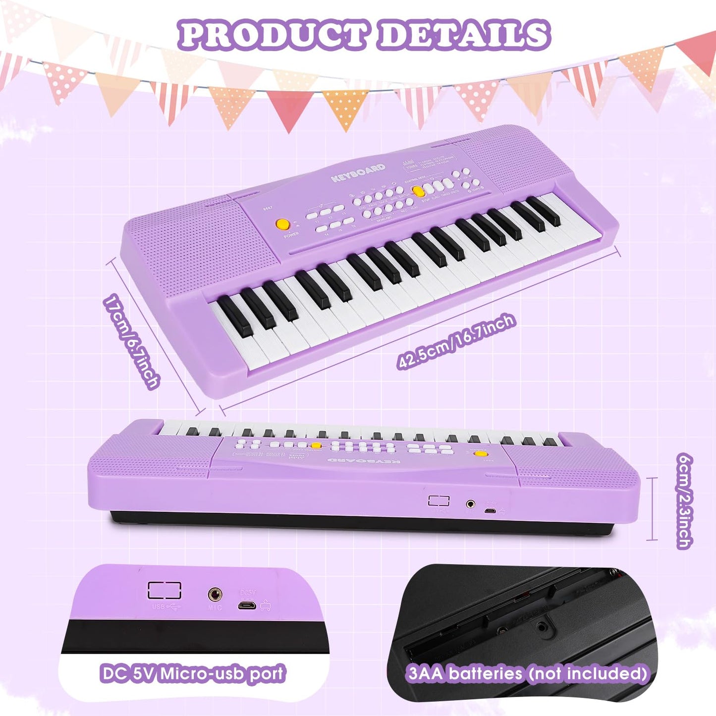 M SANMERSEN Toy Piano for Kids – Purple 37-Key Keyboard with Microphone