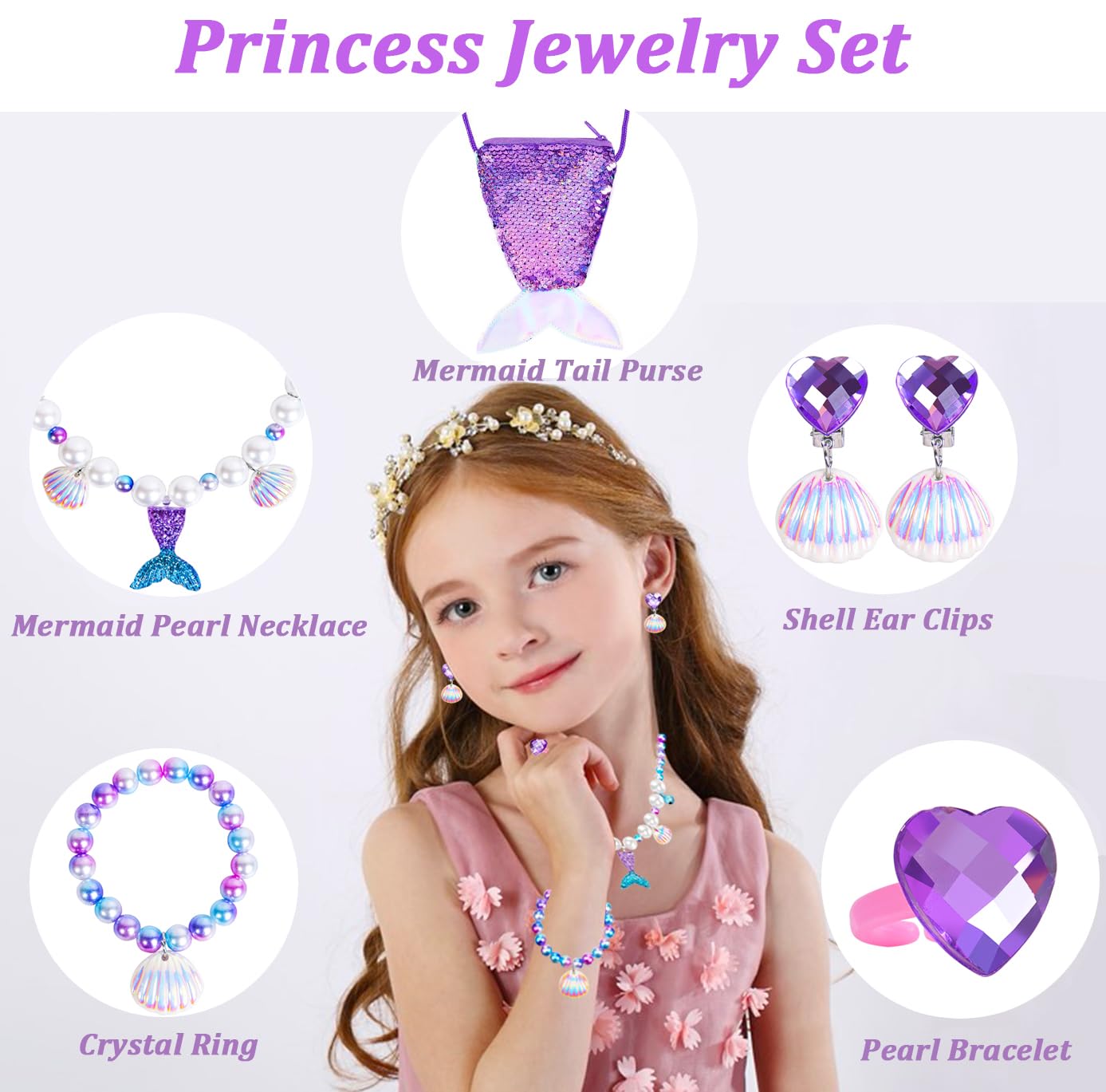 MTGOCHA Mermaid Jewelry Set for Girls – Necklace, Bracelet, Earrings, Ring, Mermaid Purse (Purple)