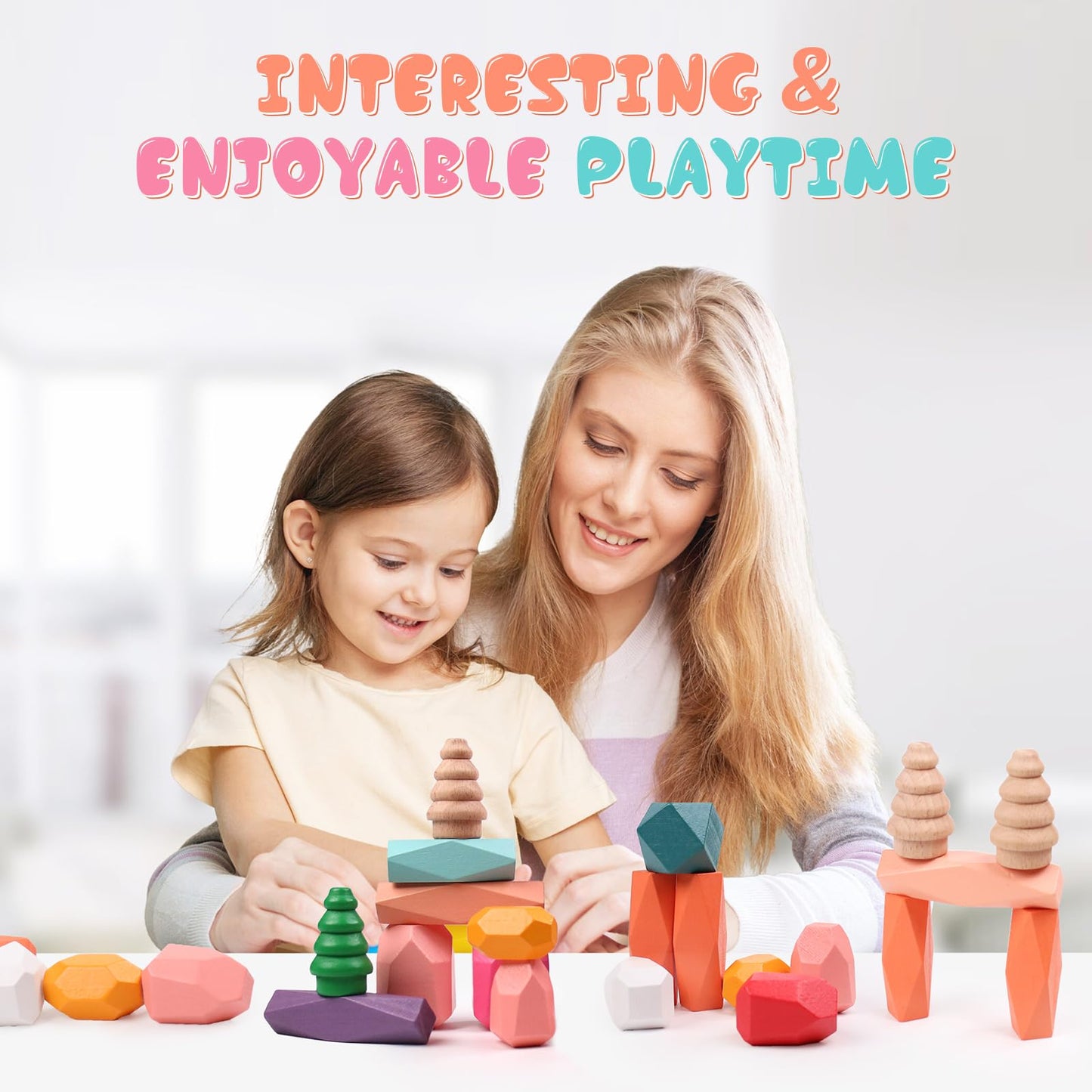 MTTIERY 50-Piece Wooden Stacking Rocks – Montessori Sensory Toys for Toddlers 3-5