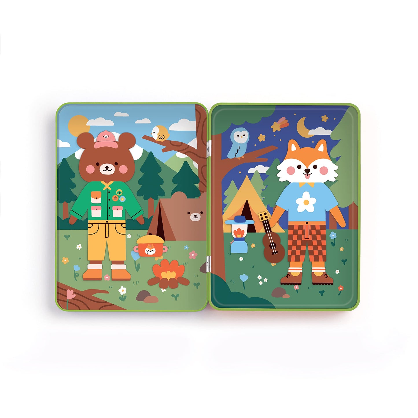 Mudpuppy Happy Camper Magnetic Play Set – 45 Mix & Match Magnets, 2 Forest Scenes, Travel Tin
